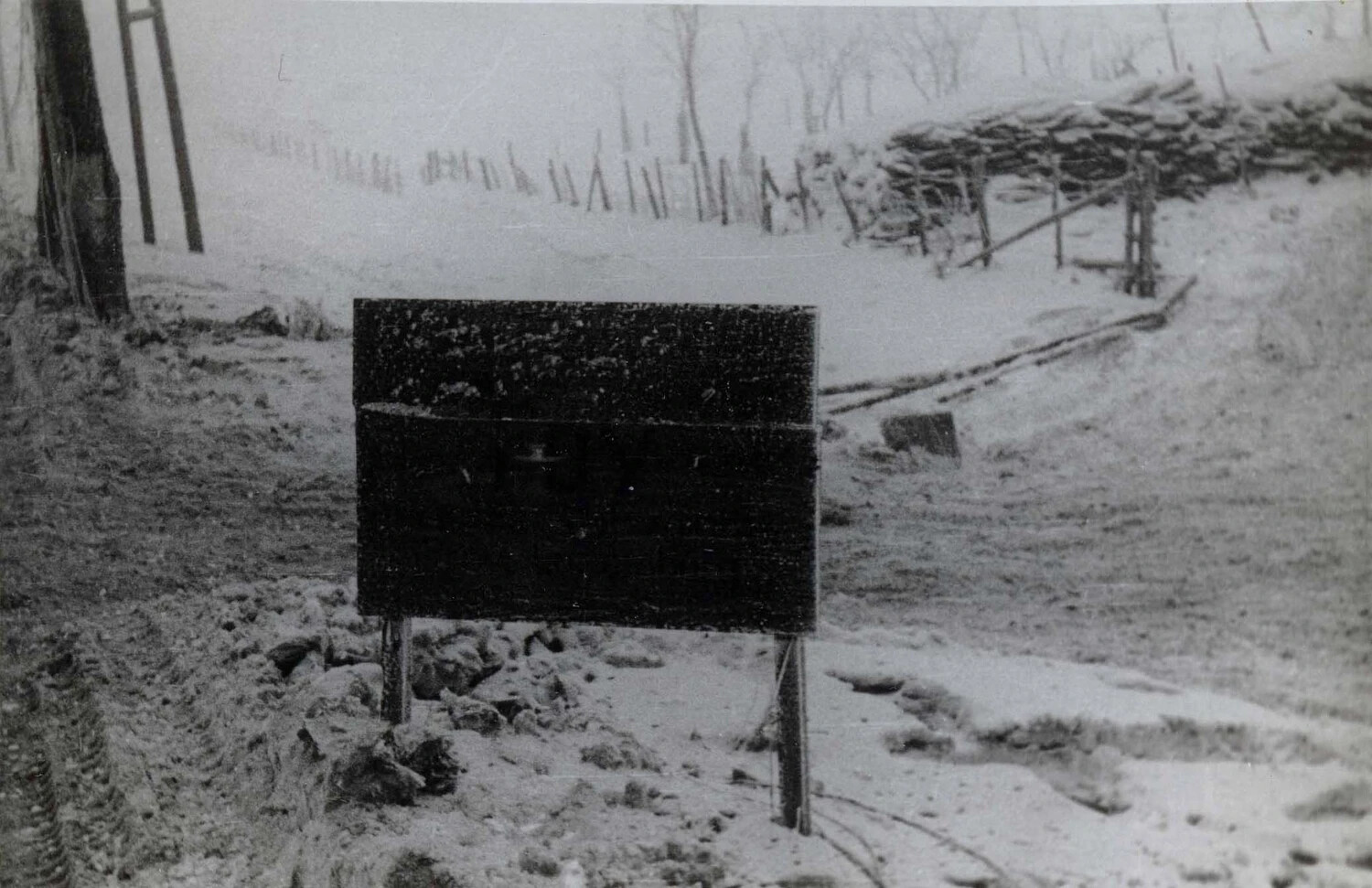 Blank Wooden Sign Board Near Camouflaged Field Position, Winter 1944-1945