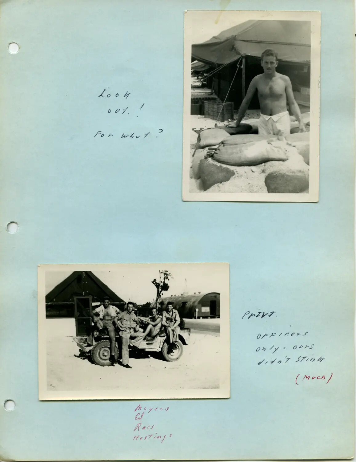 Edward P. McAleer WWII Photo Album Page - Sandbag Bunker and Jeep Group Portrait, Pacific Theater