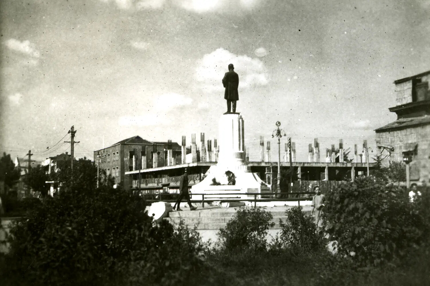 Statue on Pedestal Amid War-Damaged Building Structure, China Burma Theater, WWII