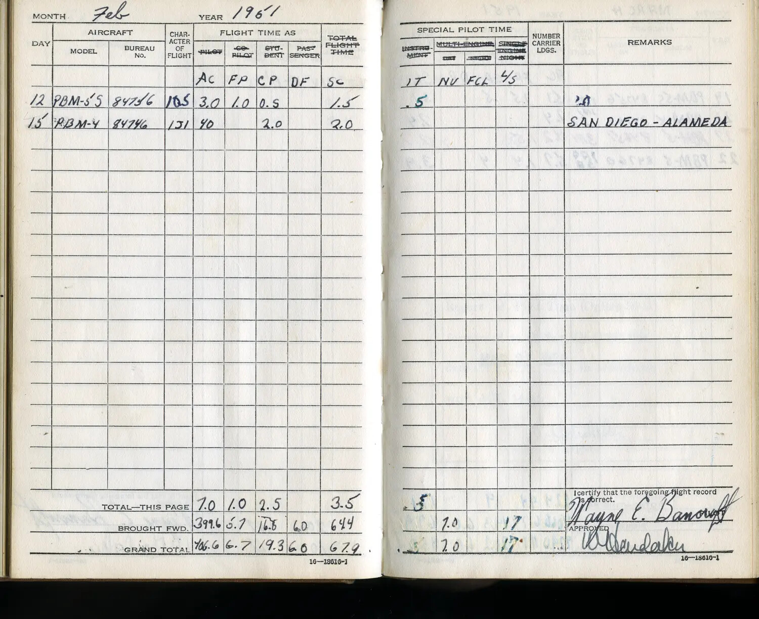 Pilot Flight Logbook Page, February 1961 – PBM-5S/PBM-4 Mariner Flights