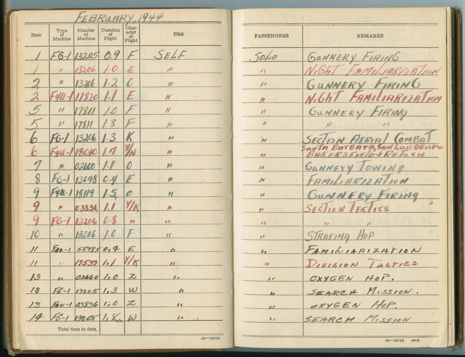 Pilot's Flight Log Book, February 1944 - Corsair Fighter Training Entries
