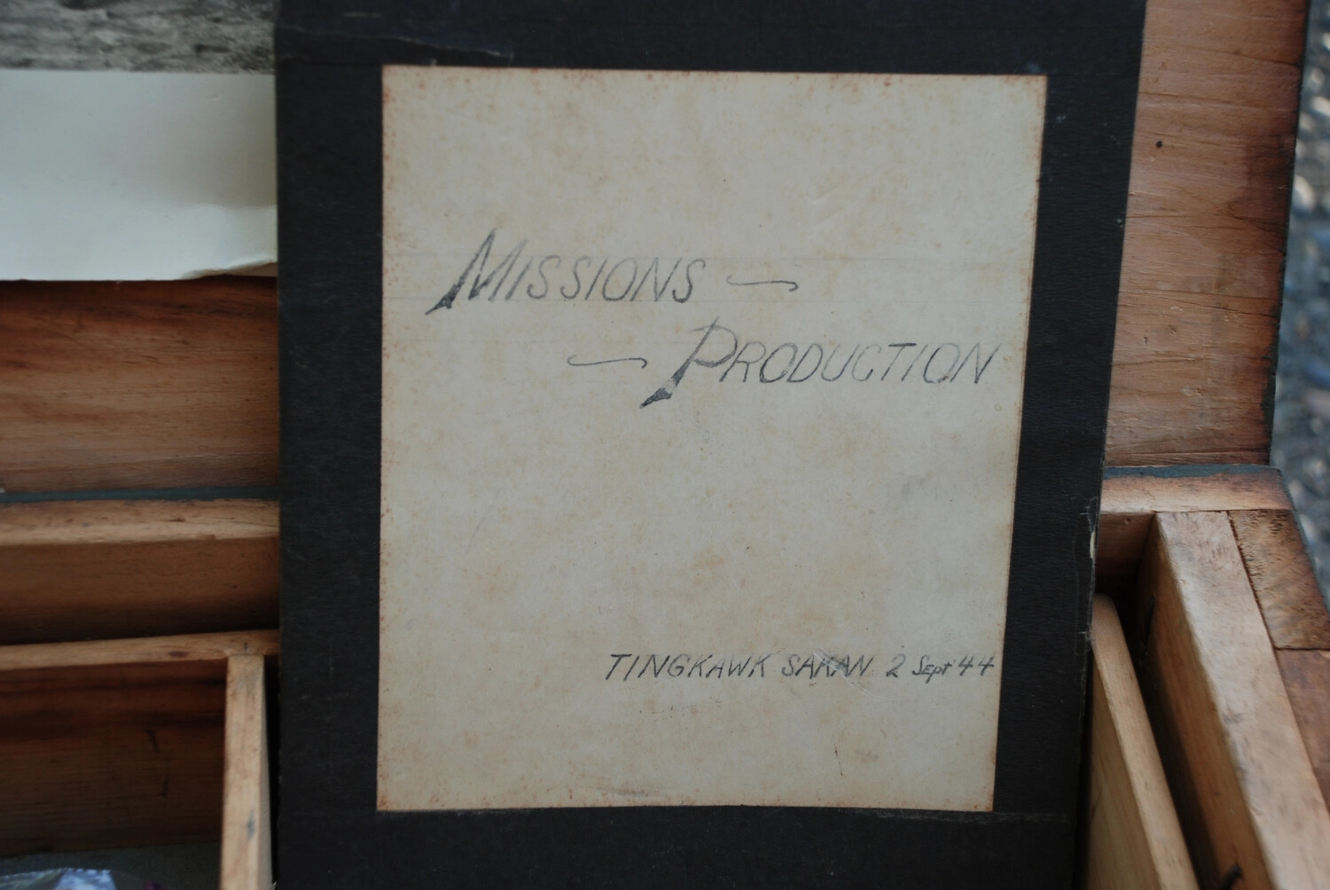 Handwritten Album Divider Card: 'Missions - Production, Tingkawk Sakan, 2 Sept 1944' - CBI Theater