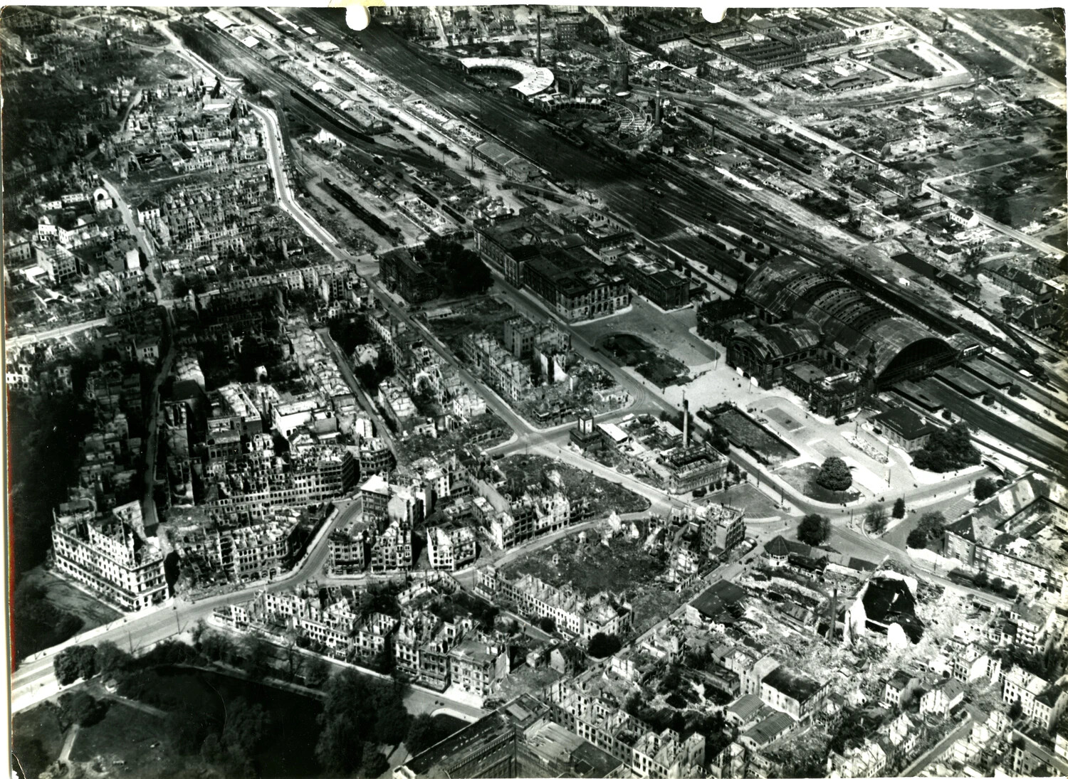 Aerial Reconnaissance Photograph of Bomb-Damaged Bremen Hauptbahnhof District, Germany, WWII