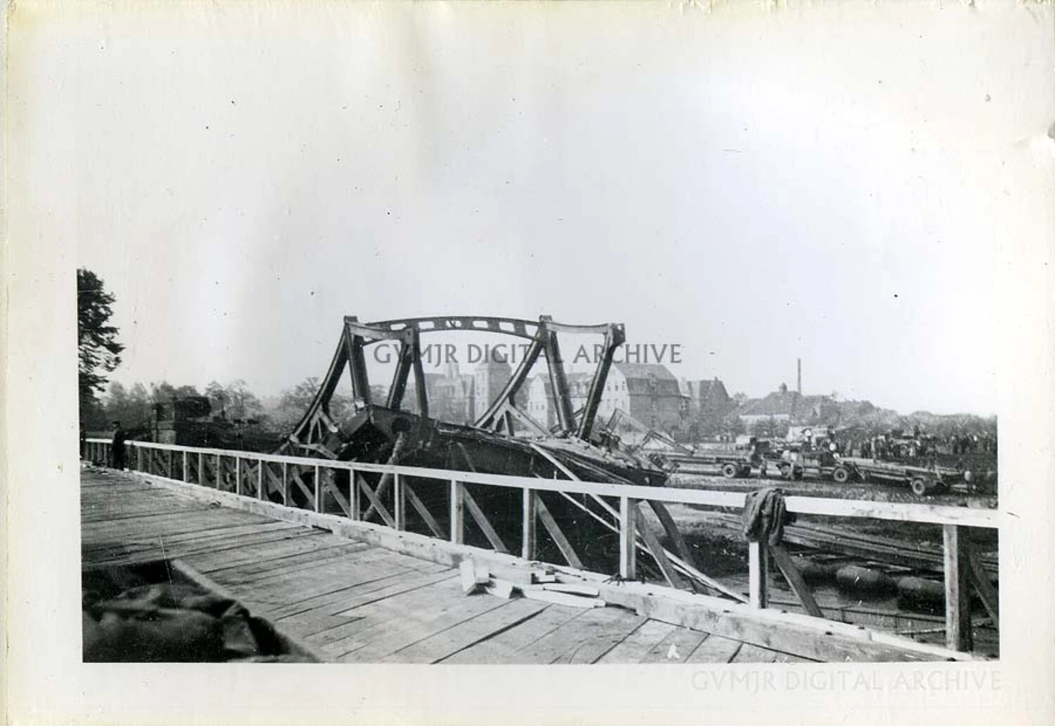 Destroyed Steel Truss Bridge with Improvised Wooden Crossing, WWII European Theater