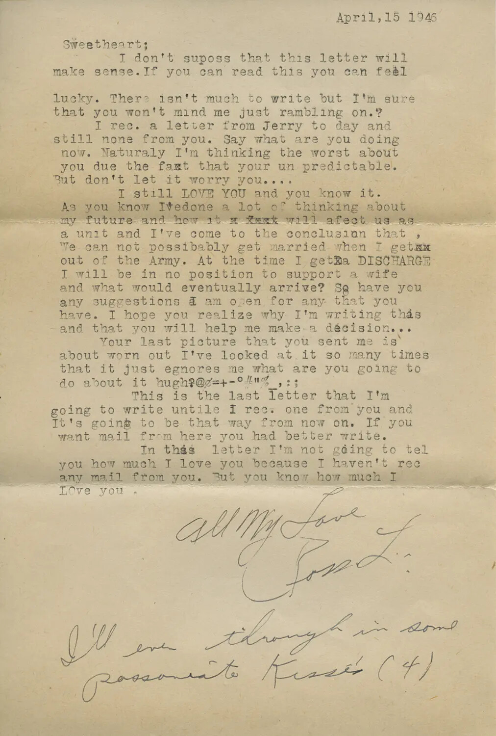 Typewritten Love Letter, 'Sweetheart,' Dated April 15, 1946
