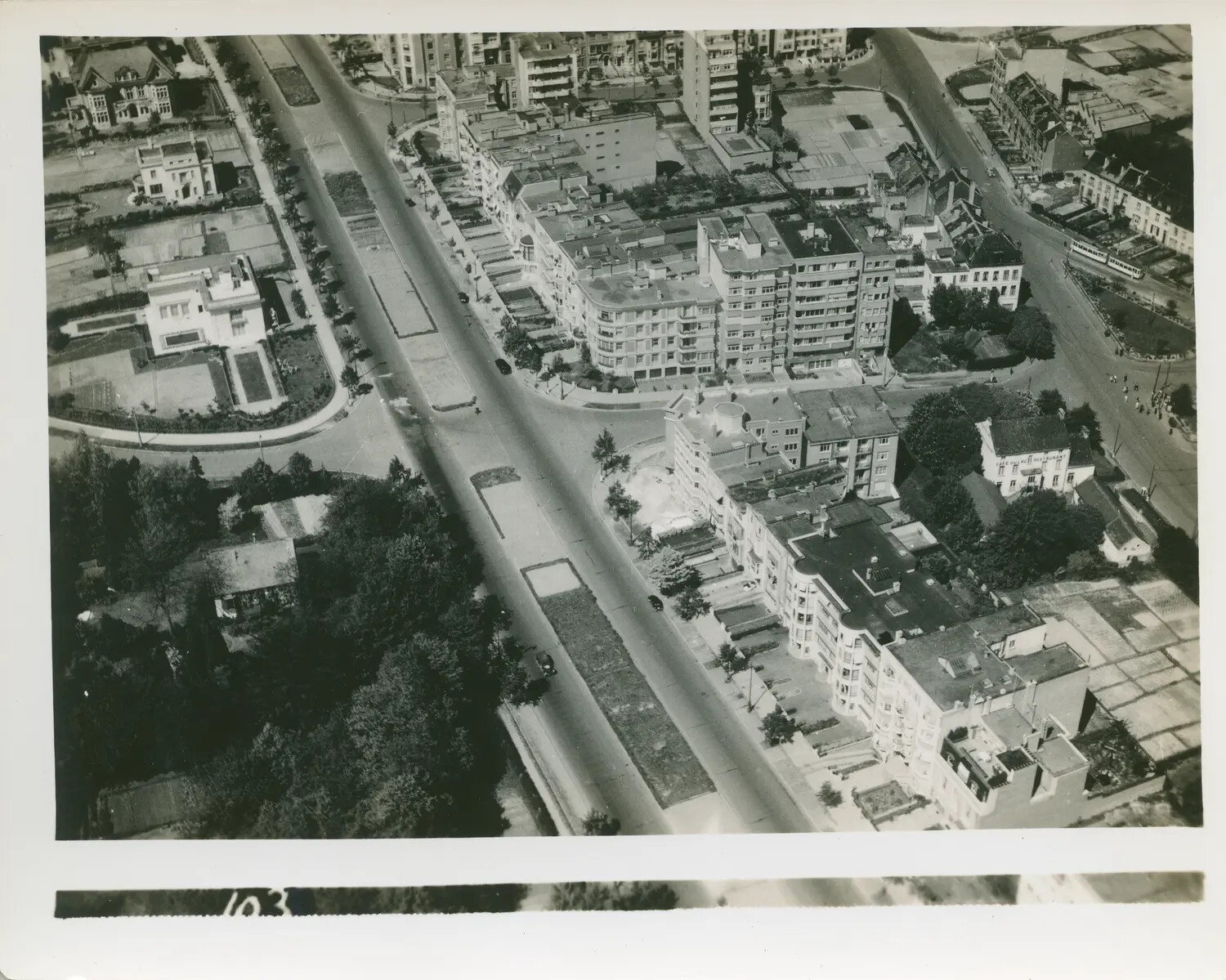 WWII Aerial Reconnaissance Photograph, European Urban District with Boulevard and Apartment Blocks