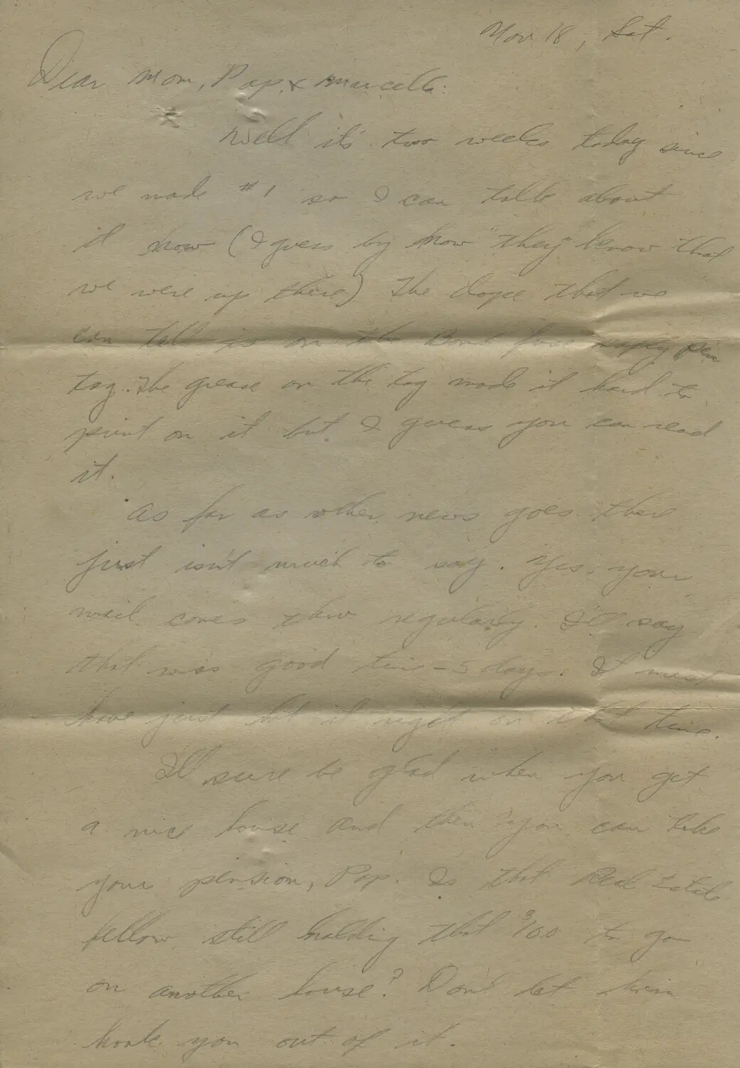 Handwritten Wartime Letter Home, 'Nov. 18, Sat.' - Personal Correspondence