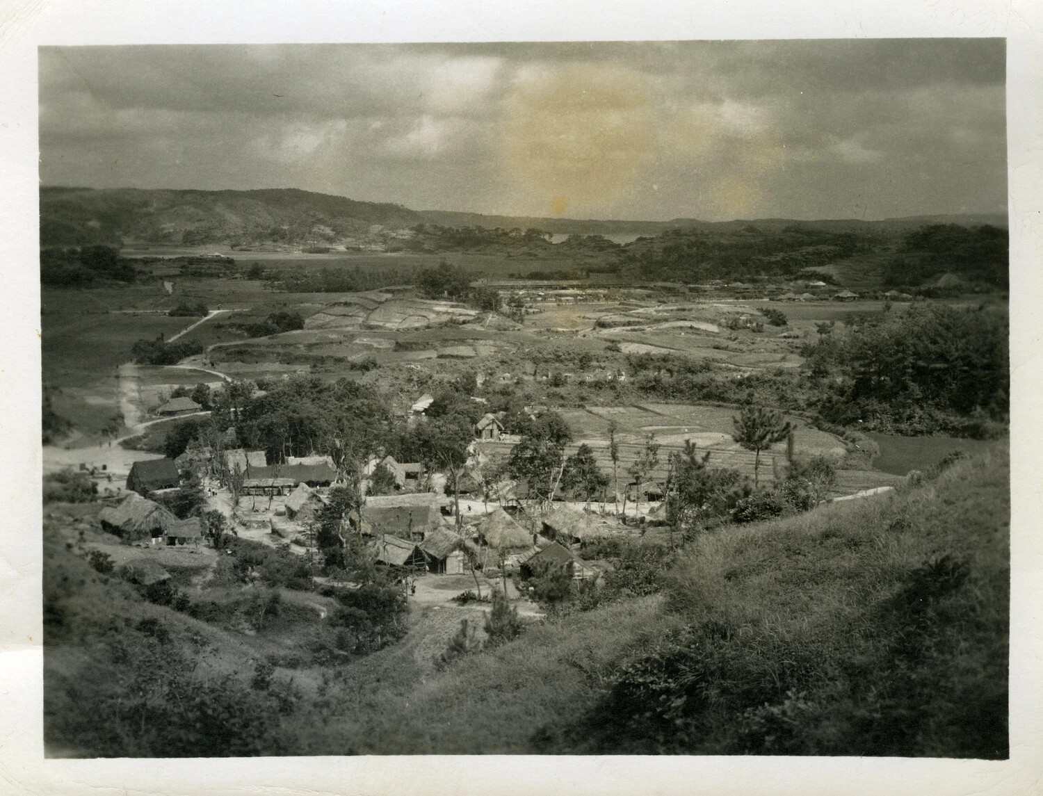 Elevated View of a Rural Okinawan Village and Rice Paddies, 1945