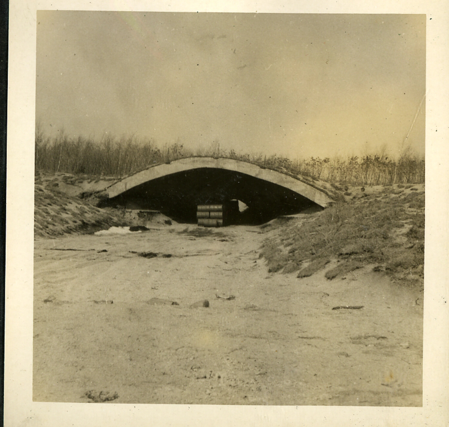 Arched Concrete Bunker/Culvert with Stored Barrels, Postwar Japan