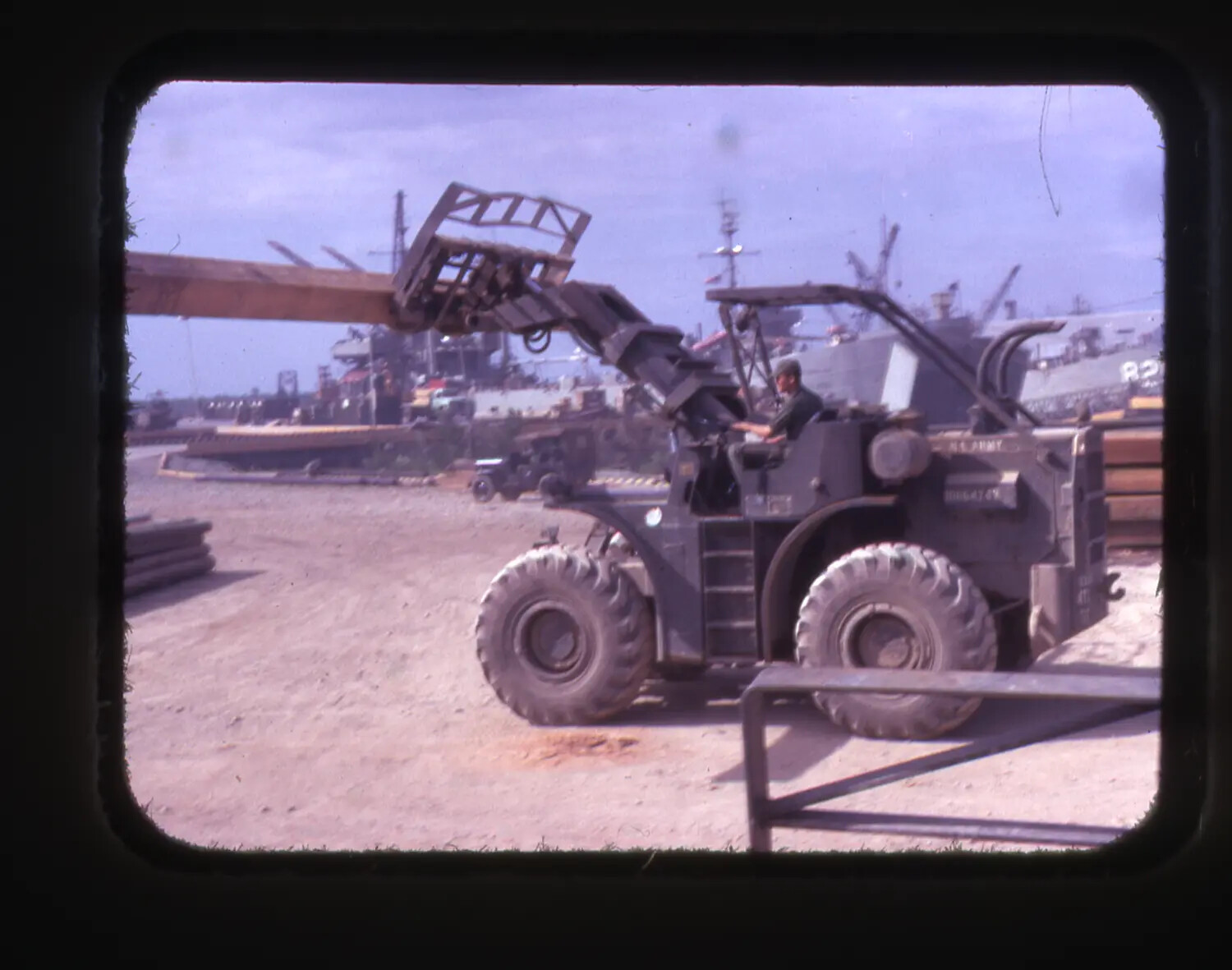 U.S. Army Forklift Handling Cargo at a Vietnam War Port Facility (Cam Ranh Bay), Color Slide Photograph