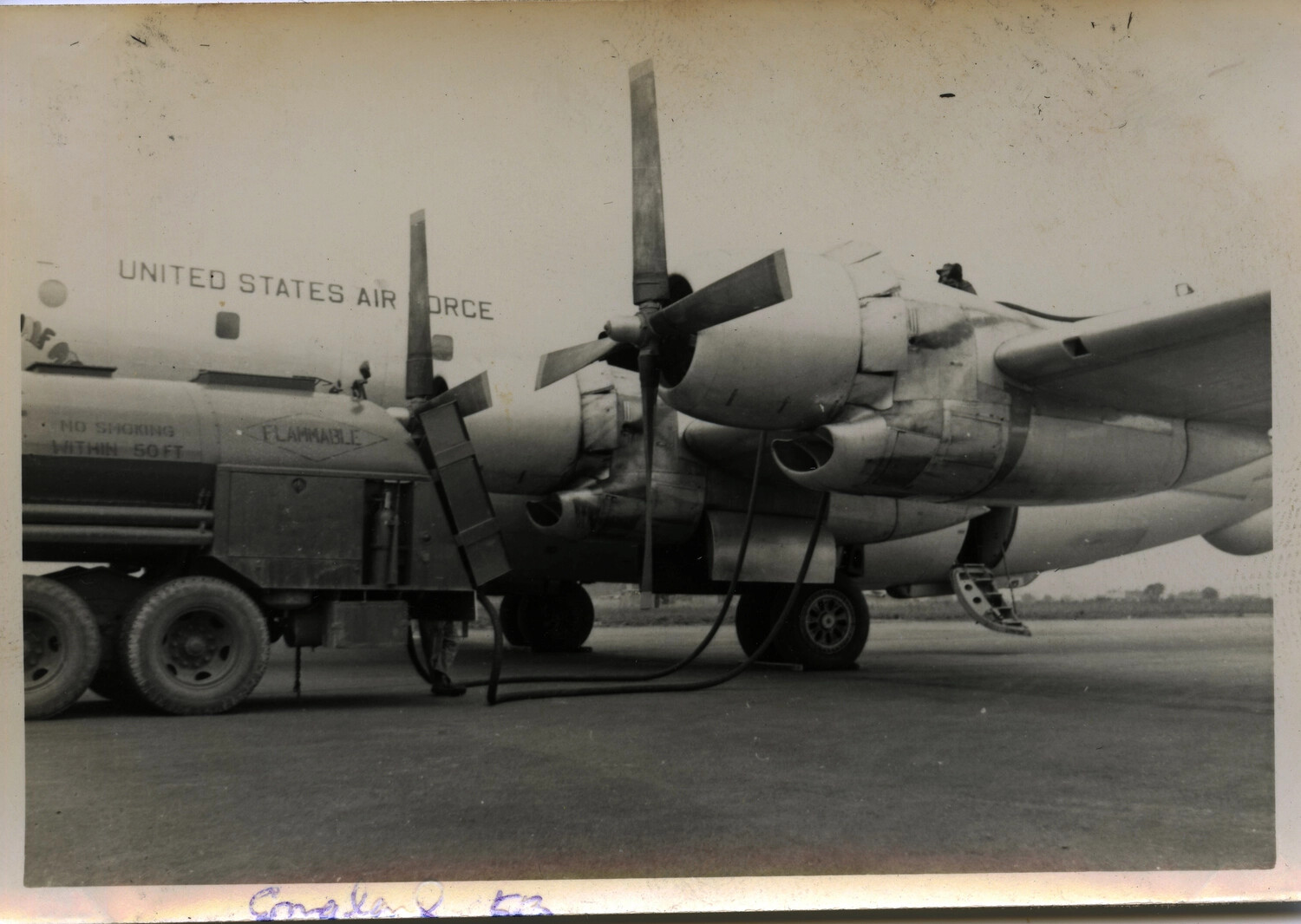 USAF Heavy Bomber Being Refueled on Ramp, Possible Convair B-36 Peacemaker, Cold War Era (Azores/Hickam/England Collection)