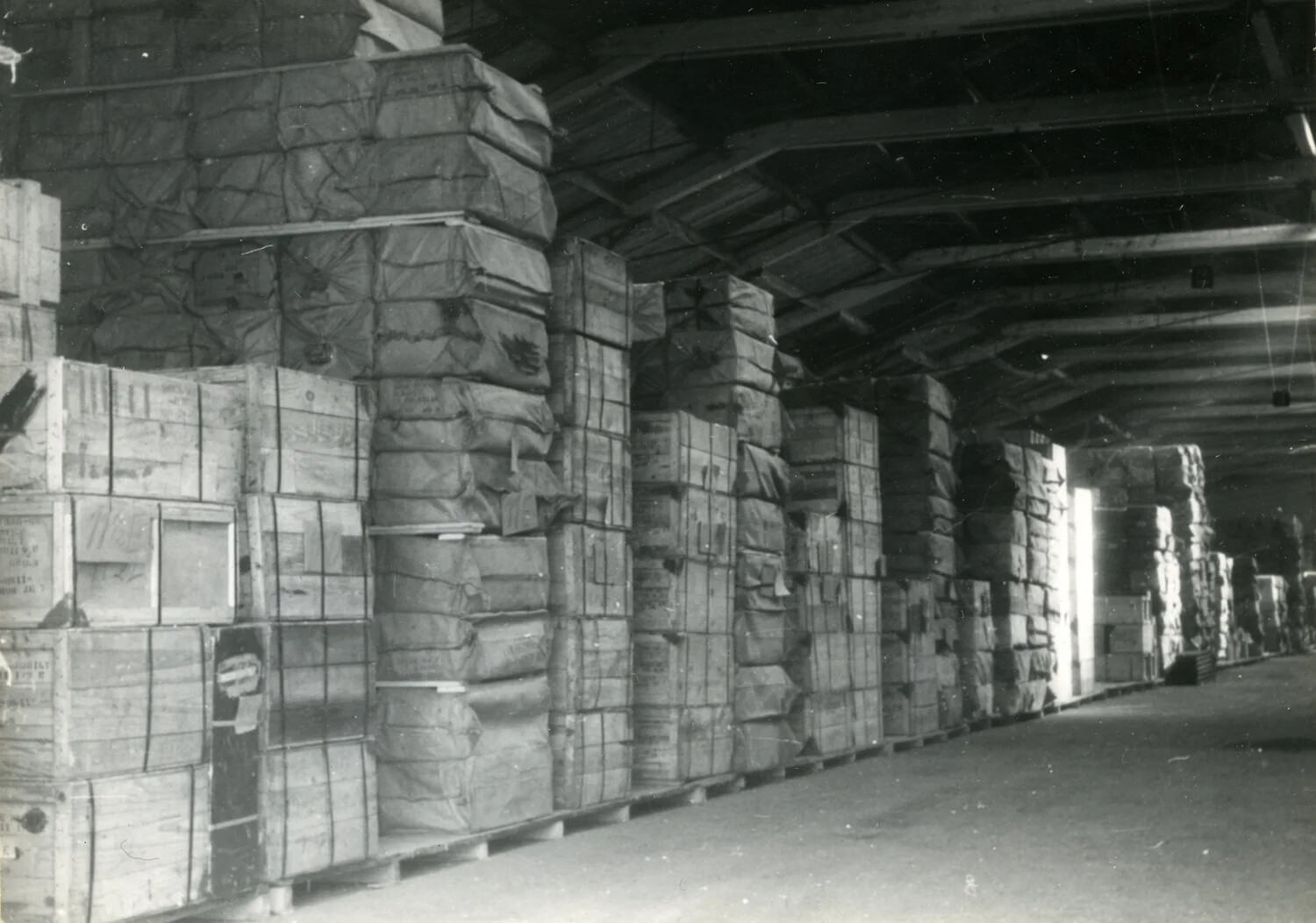 Warehouse Interior with Stacked Crates and Bales, Depot Storage View