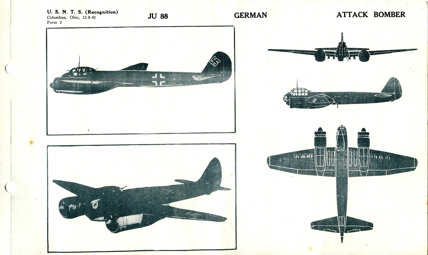 U.S.N.T.S. Aircraft Recognition Manual Page: Junkers Ju 88 German Attack Bomber