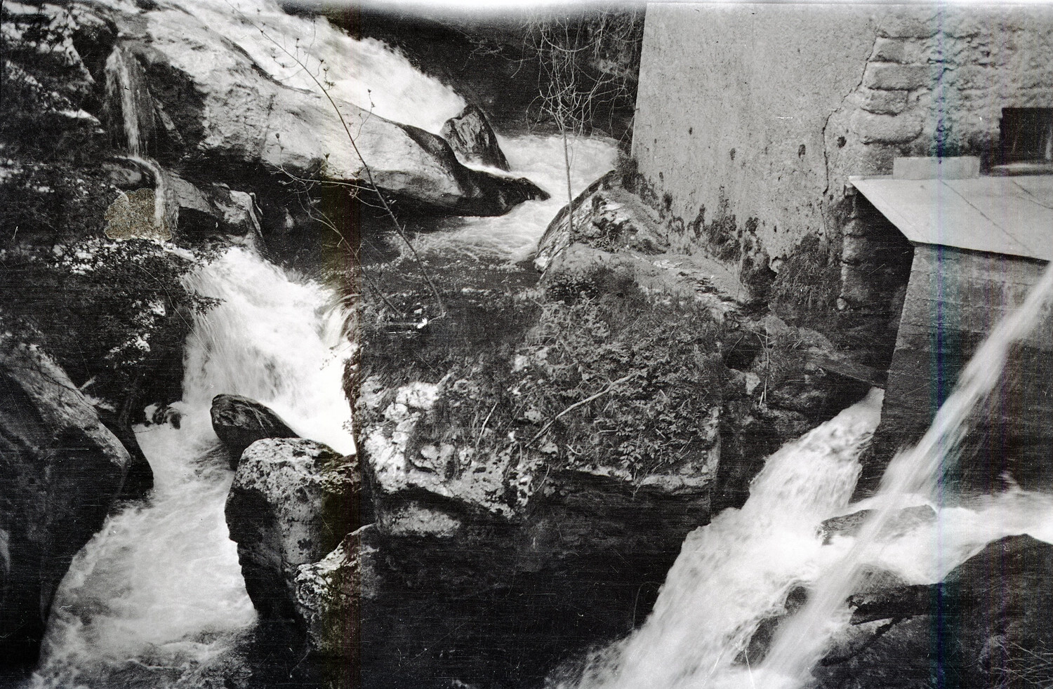 Rocky Cascade and Stone Millhouse, Rural France, WWI Era