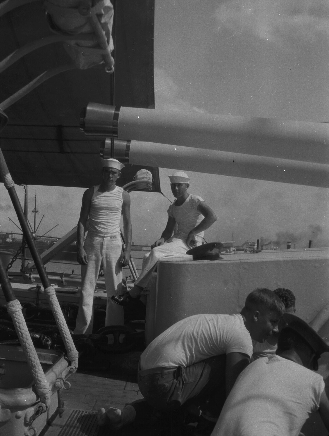 U.S. Navy Sailors Relaxing Beside a Gun Turret, Asiatic Fleet, China, 1930s