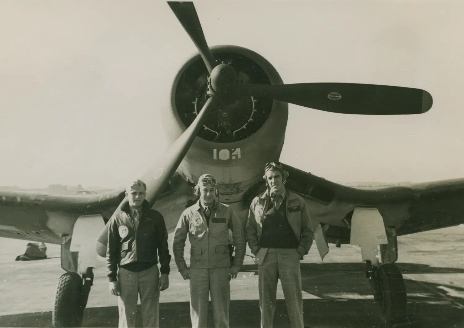 Three Aviators Posing Before Single-Engine Fighter Aircraft, McAleer Photo Album