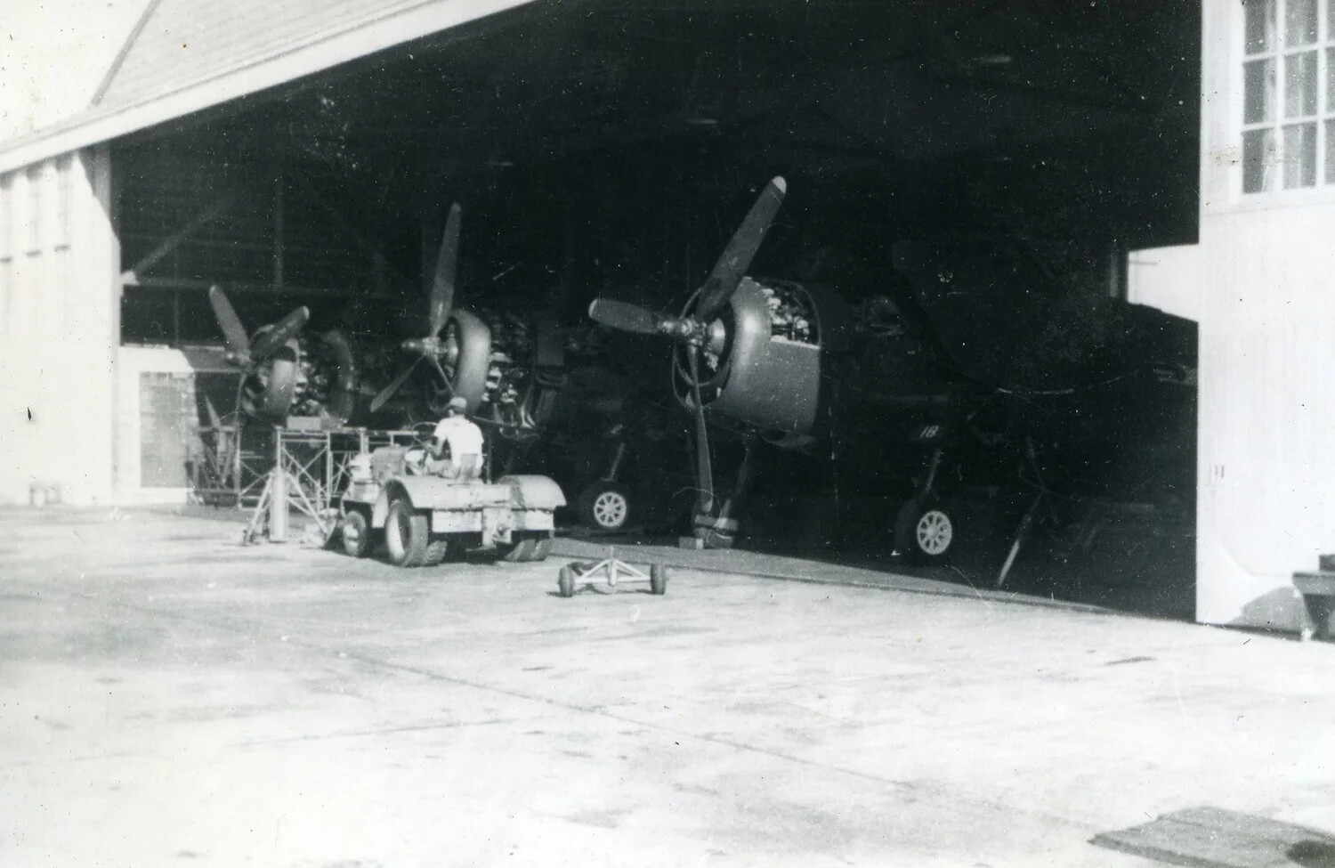 F4U Corsair Fighters in Hangar, VMF-214 Squadron, Pacific Theater WWII