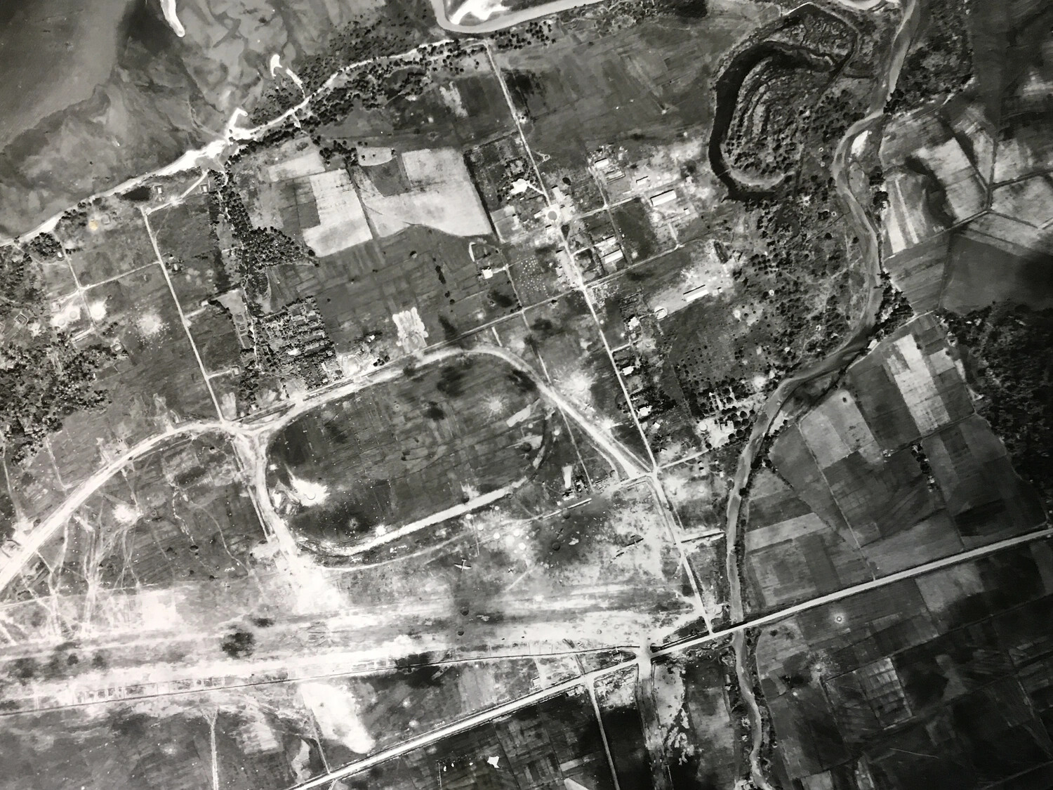 WWII Aerial Reconnaissance Photograph of Target Area with Oval Track Feature, 312th Bombardment Group Collection