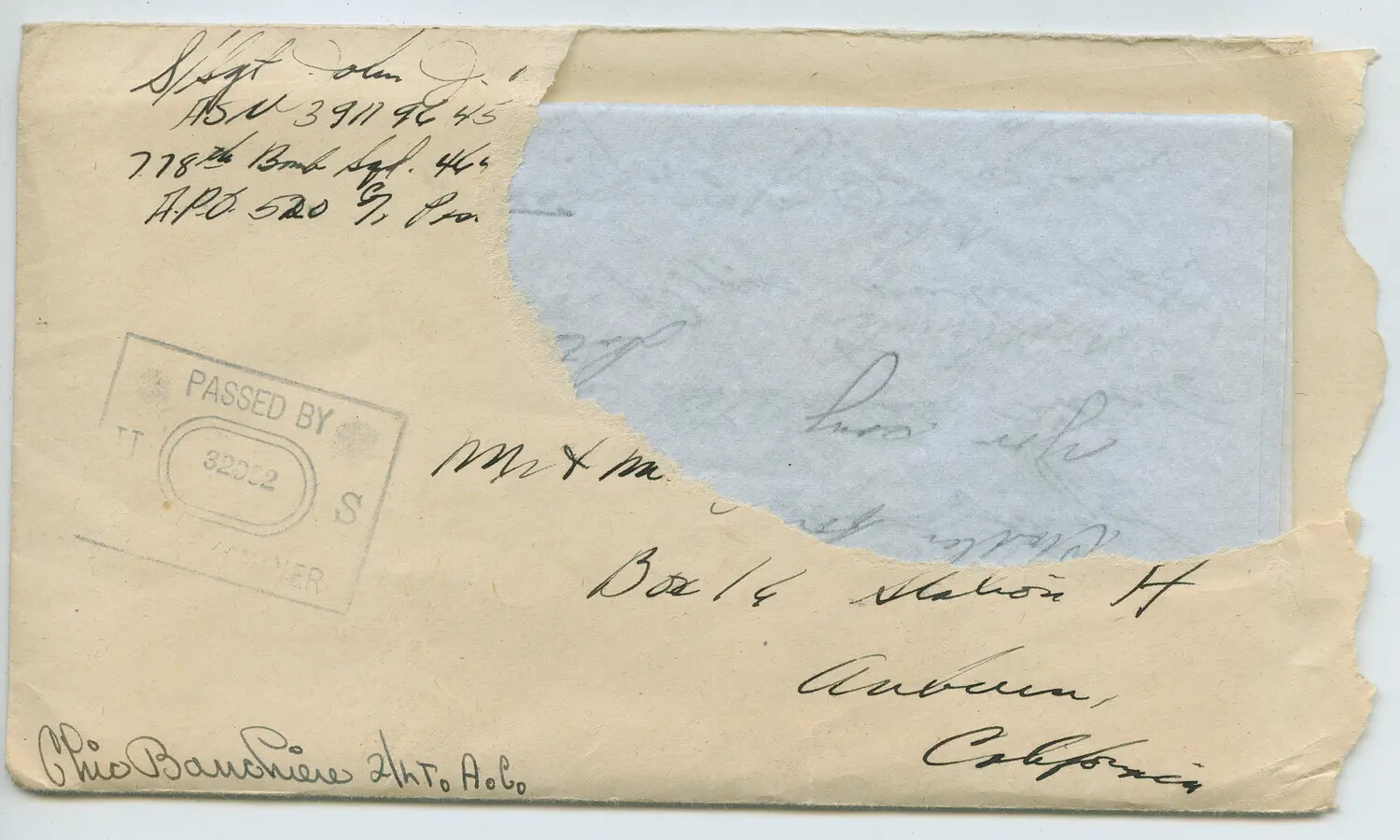 Reverse of Censored World War II Military Mail Envelope, 778th Bombardment Squadron, A.P.O. 520