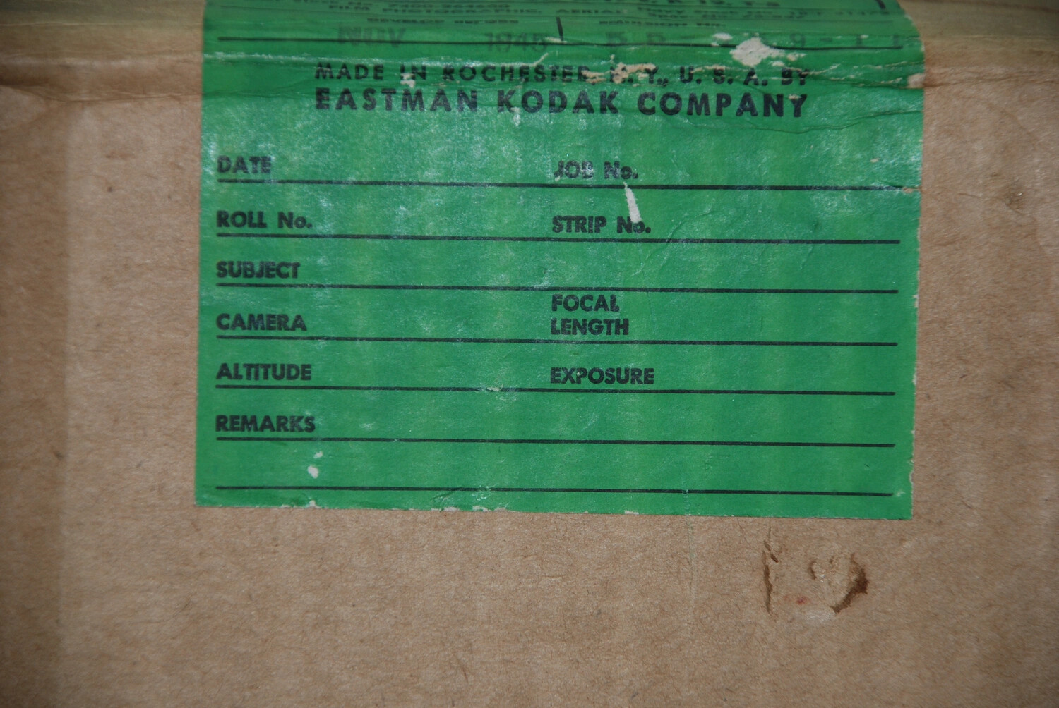 Eastman Kodak Film Box Data Label with Aerial Photography Fields, WWII China-Burma-India Collection