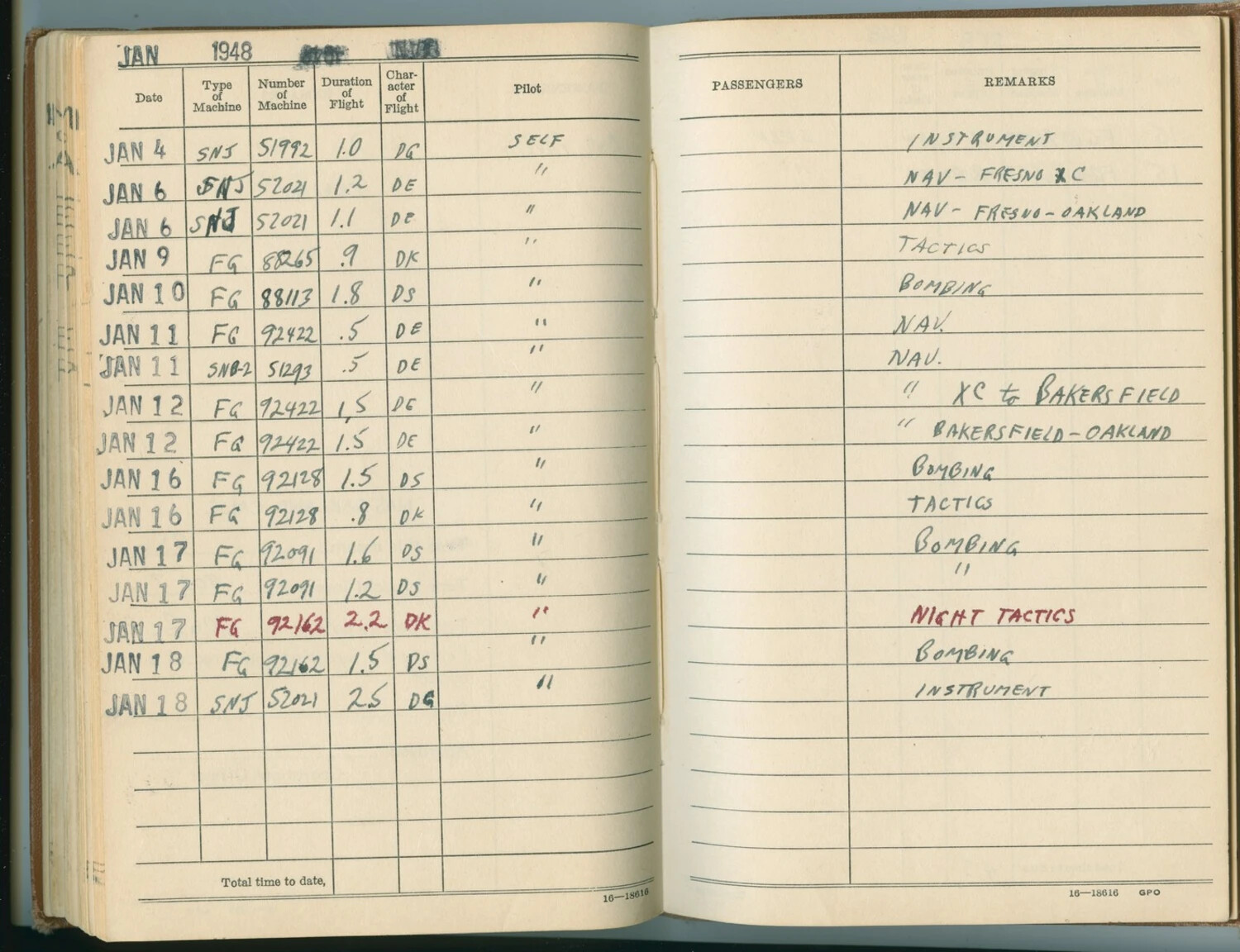 Pilot's Flight Log Book, Edward P. McAleer - January 1948 Entries (SNJ and FG-1 Corsair Flights)