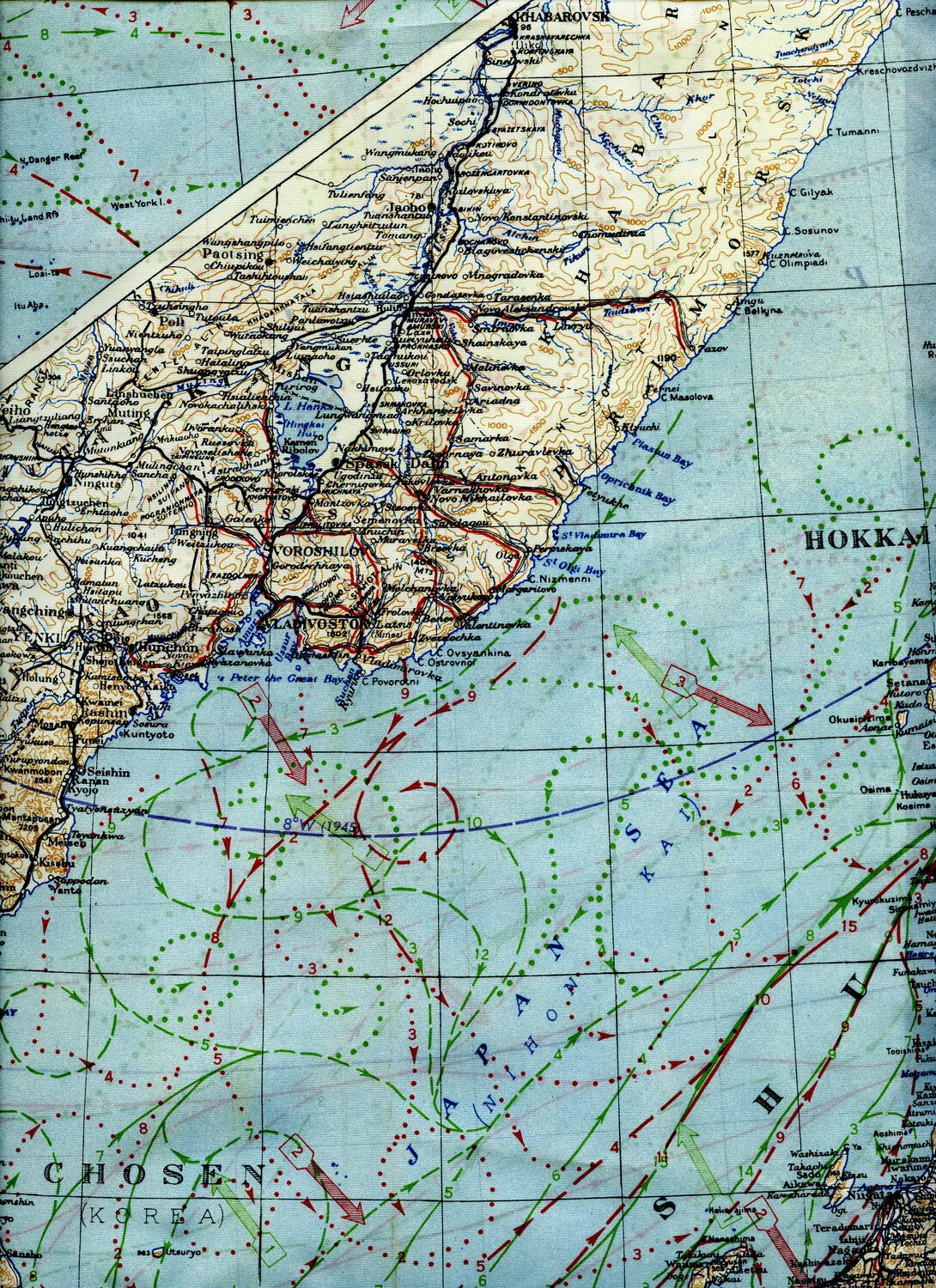 WWII Silk Escape Map Fragment ('Blue Side'), Sea of Japan / Korea / Siberian Coast Region, 345th Bomber Group Collection