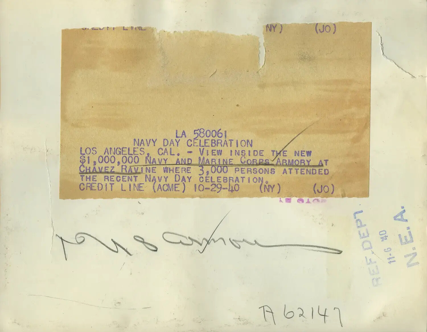 Verso/Caption Sheet: Navy Day Celebration at Chavez Ravine Armory, Los Angeles, October 1940