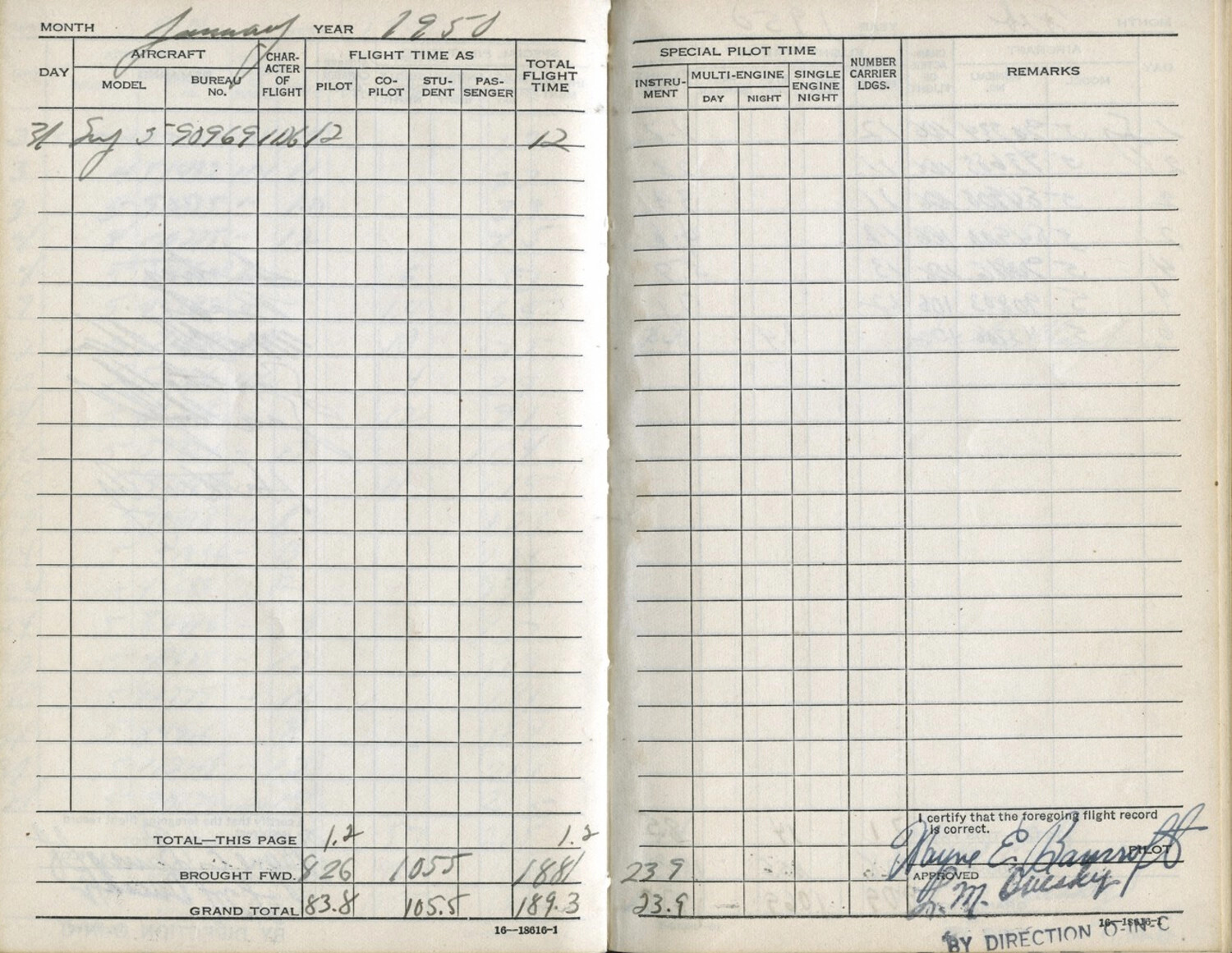 U.S. Navy Pilot's Flight Logbook Page, Lt. Wayne E. Bancroft, January 1950