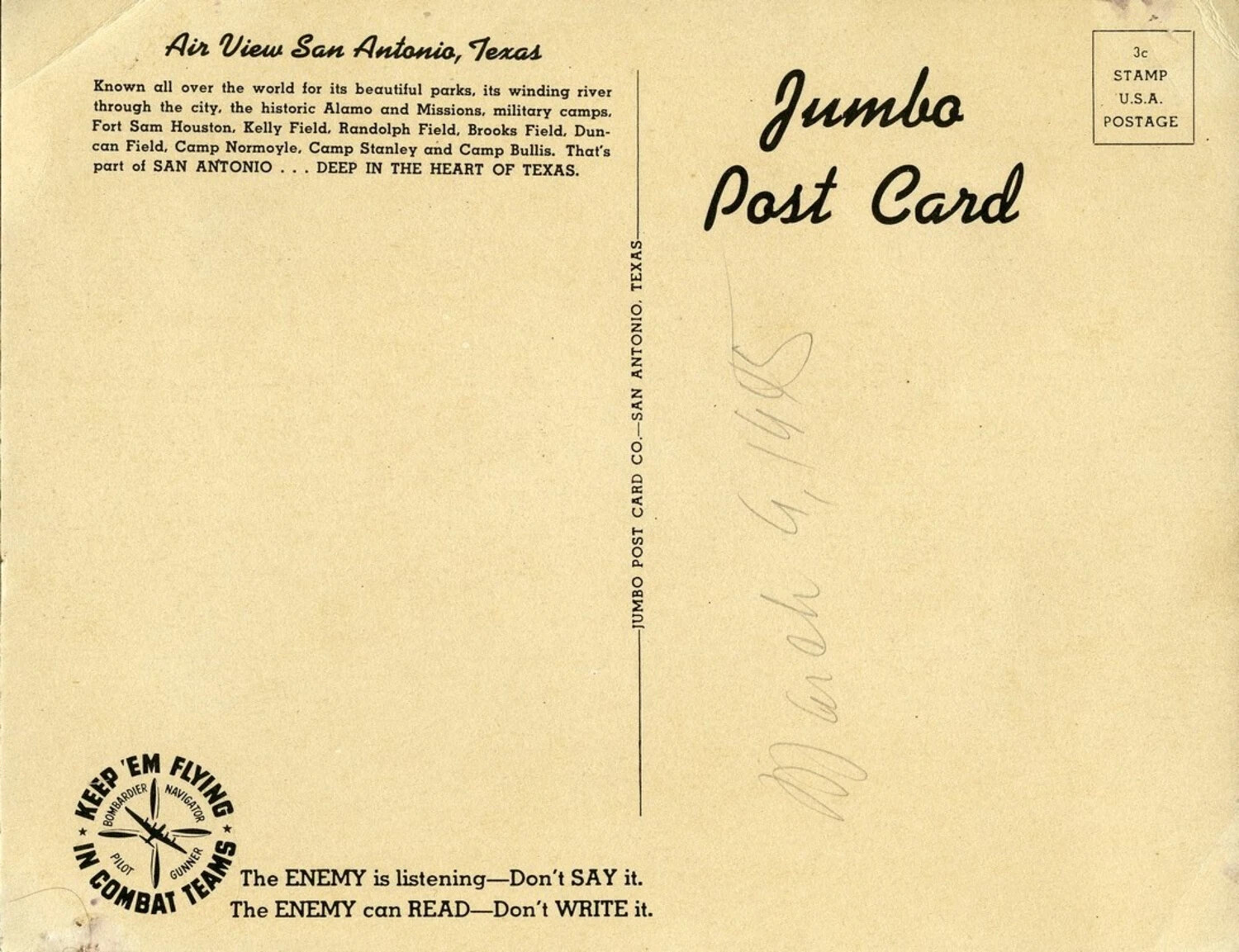 Reverse of WWII 'Jumbo Post Card' — Air View San Antonio, Texas, with 'Keep 'Em Flying' Security Slogan (1945)