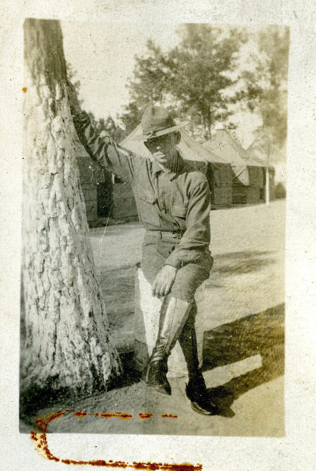 Soldier Leaning Against a Tree at Training Camp, World War I