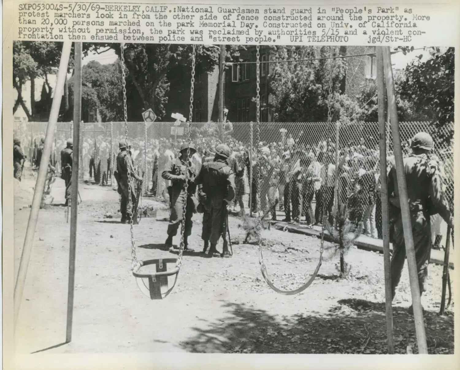 National Guardsmen Stand Watch at Fenced People's Park During Berkeley Protest, May 30, 1969