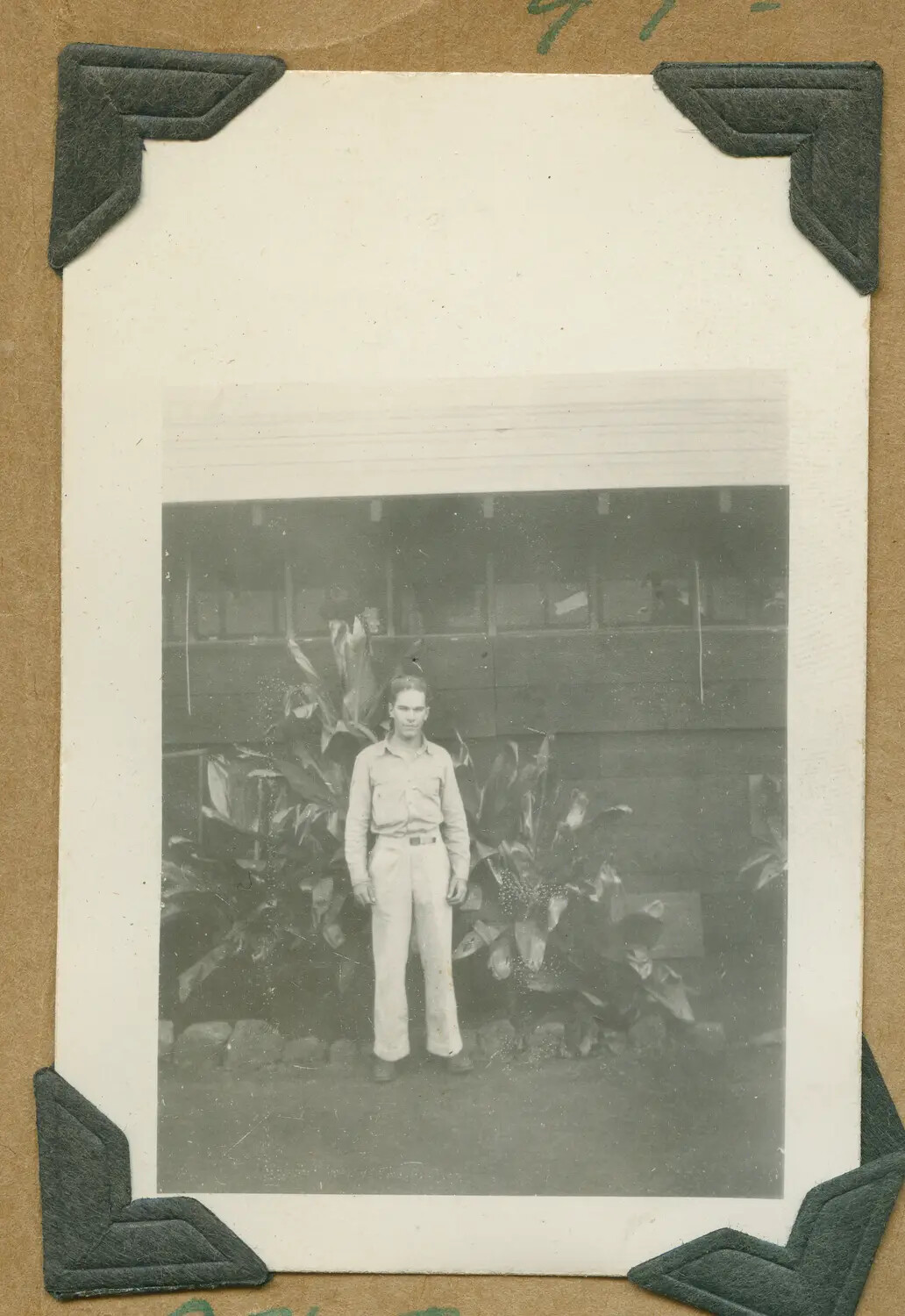 Soldier Portrait Beside Barracks Building, Schofield Barracks, Oahu, Hawaii Territory, WWII Era