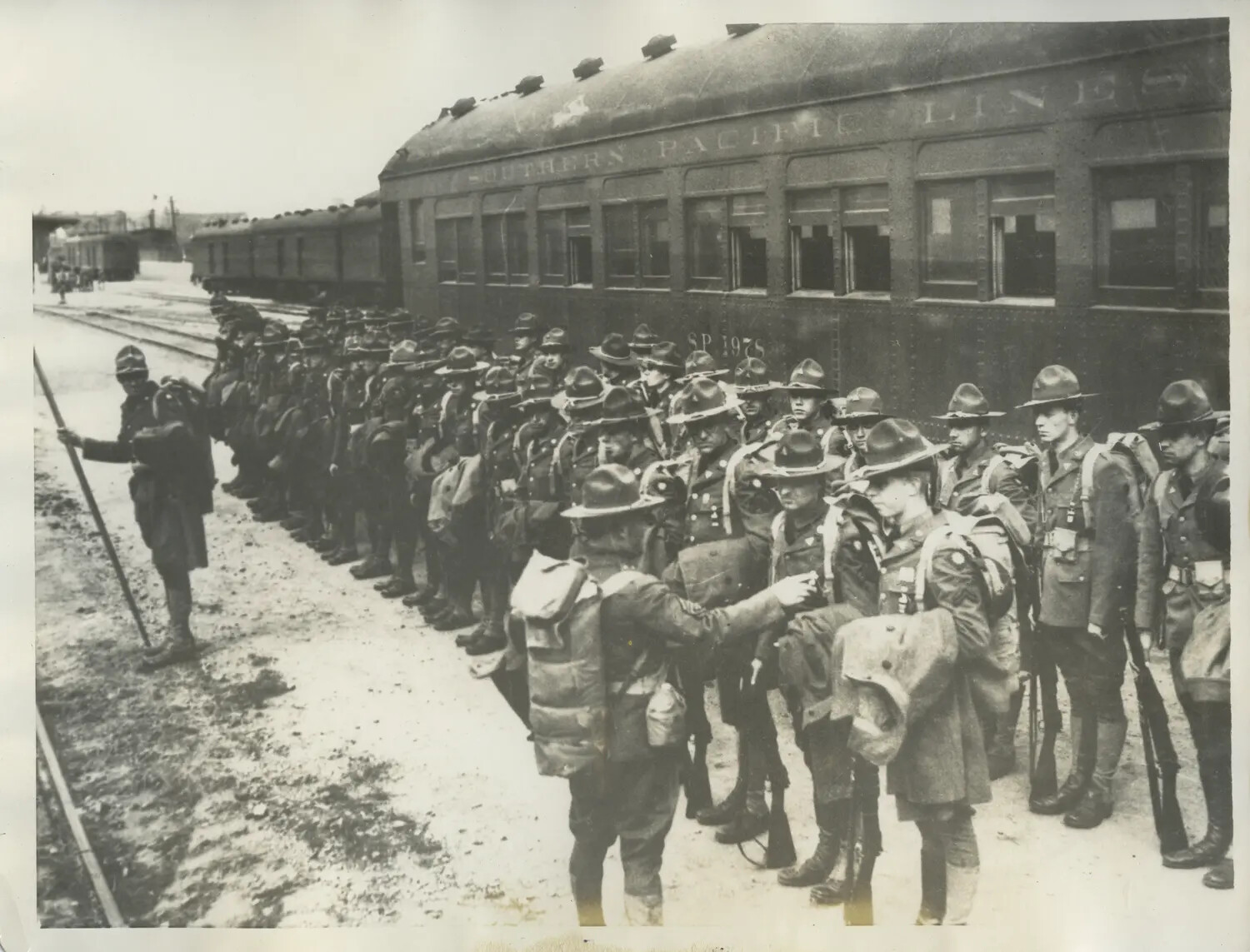 U.S. Army Troops Formed Alongside Southern Pacific Railway Cars, World War I Era