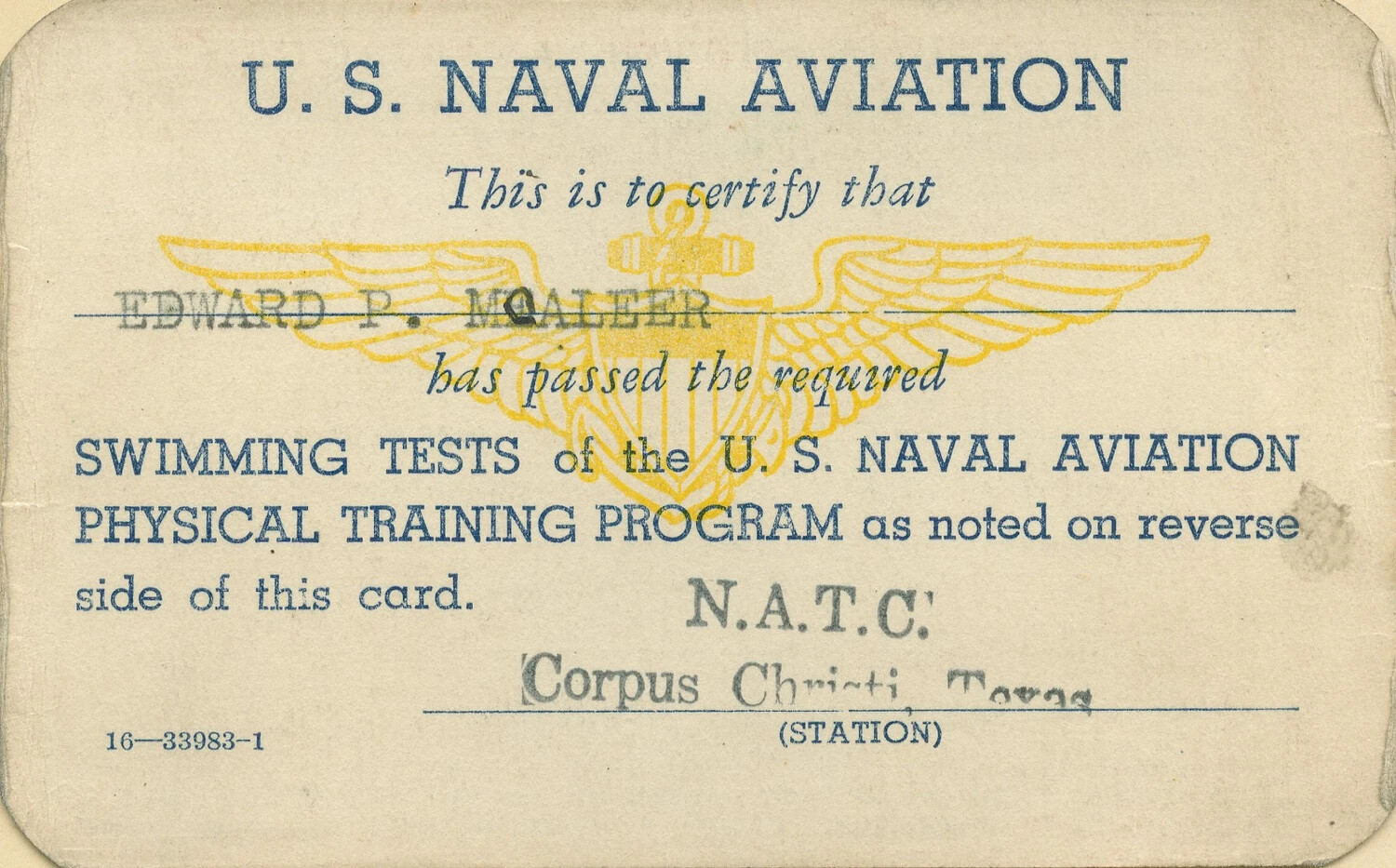 U.S. Naval Aviation Swimming Test Certification Card - Edward P. McAleer, NATC Corpus Christi, Texas