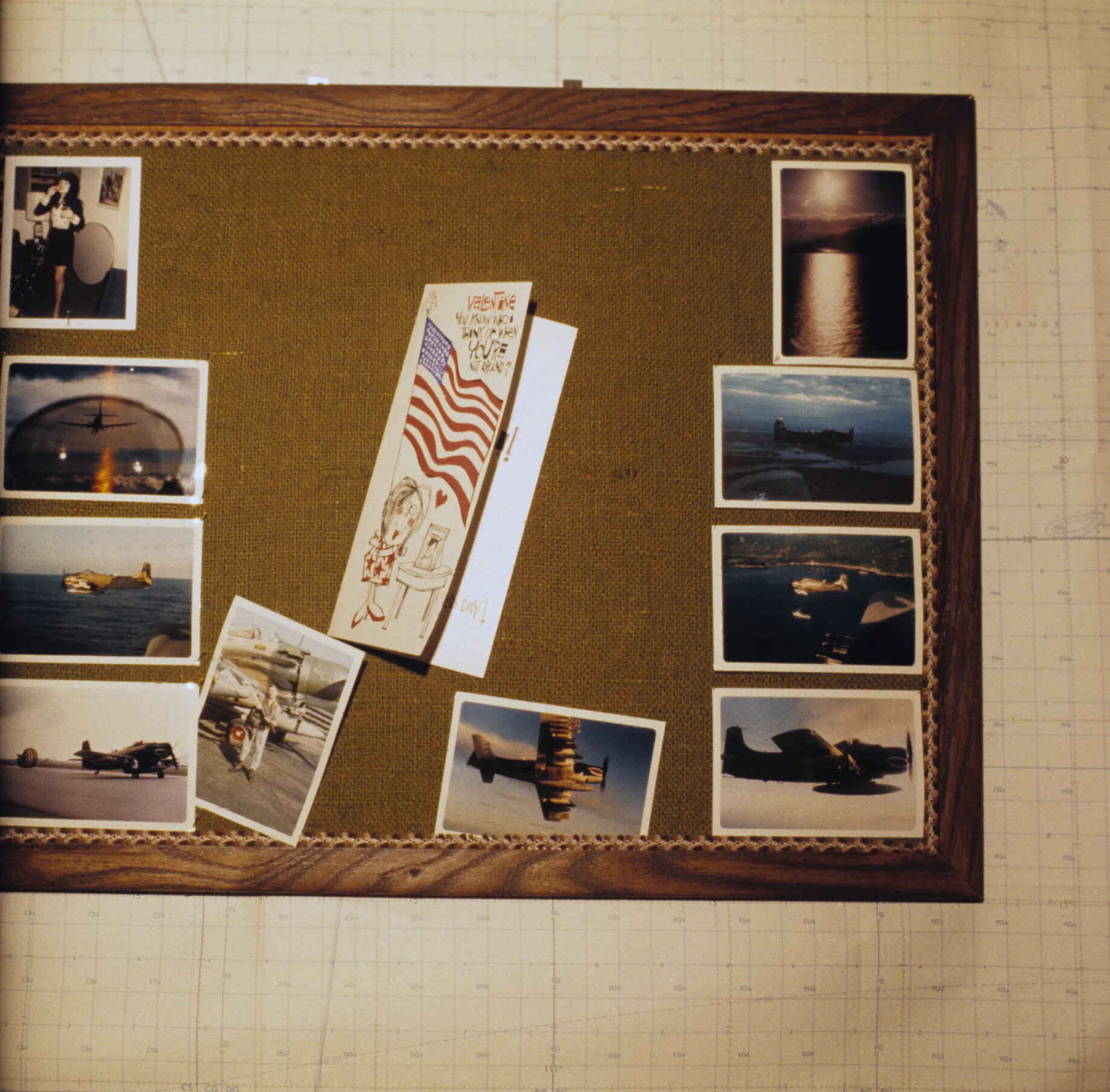 Personal Memento Display Board with Handmade Valentine Card and Squadron Snapshots