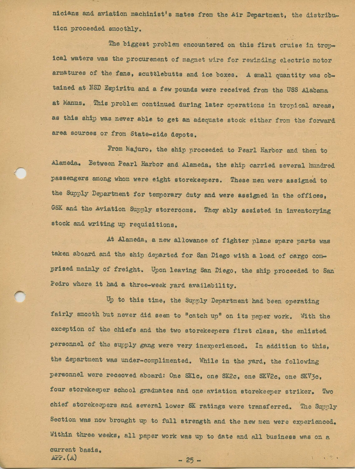 USS Petrof Bay (CVE-80) War History Narrative, Appendix A, Page 25 - Tropical Supply Challenges and San Pedro Yard Period