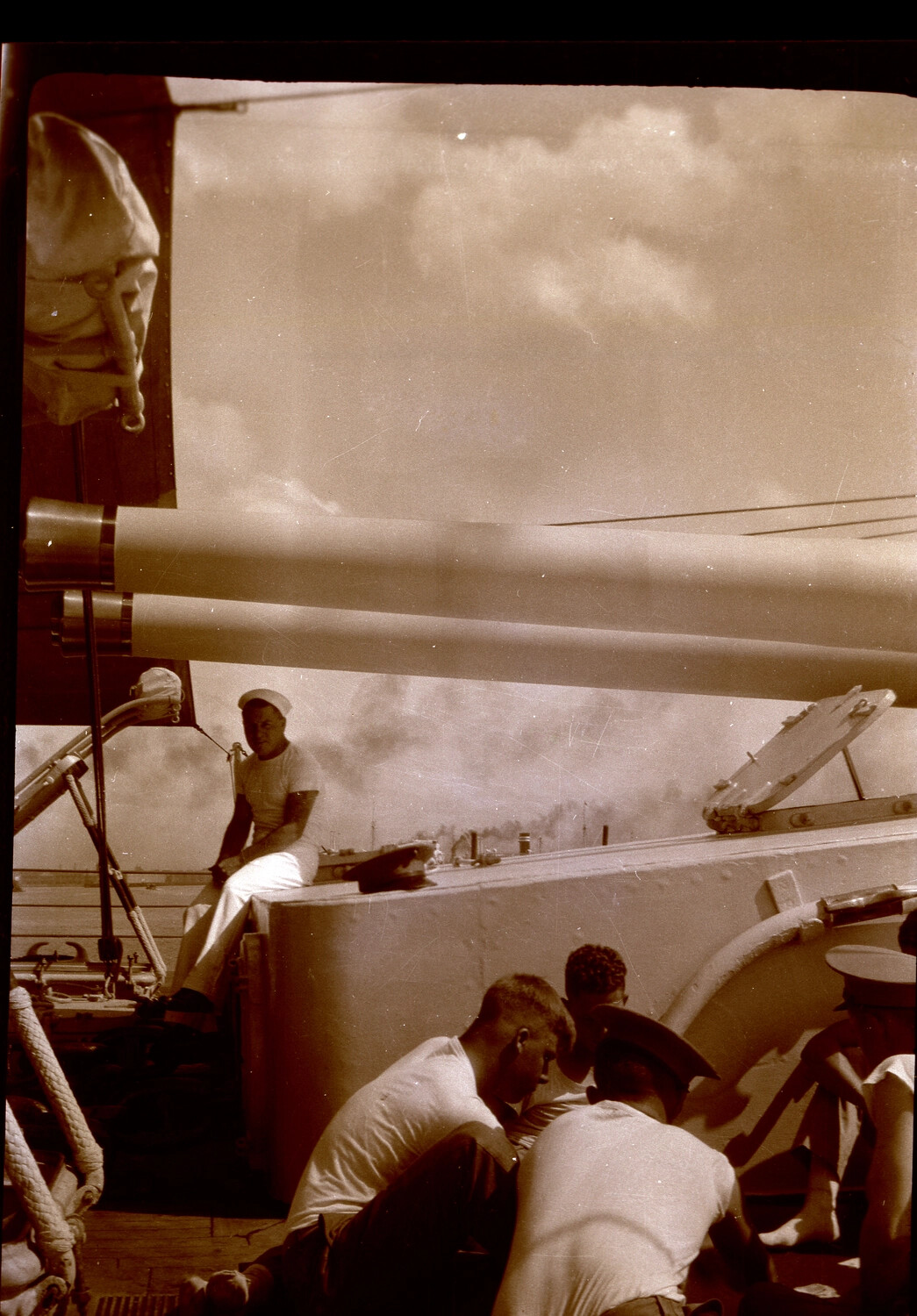 U.S. Navy Sailors on Deck Near Main Battery Guns, China Station, Pre-WWII Era