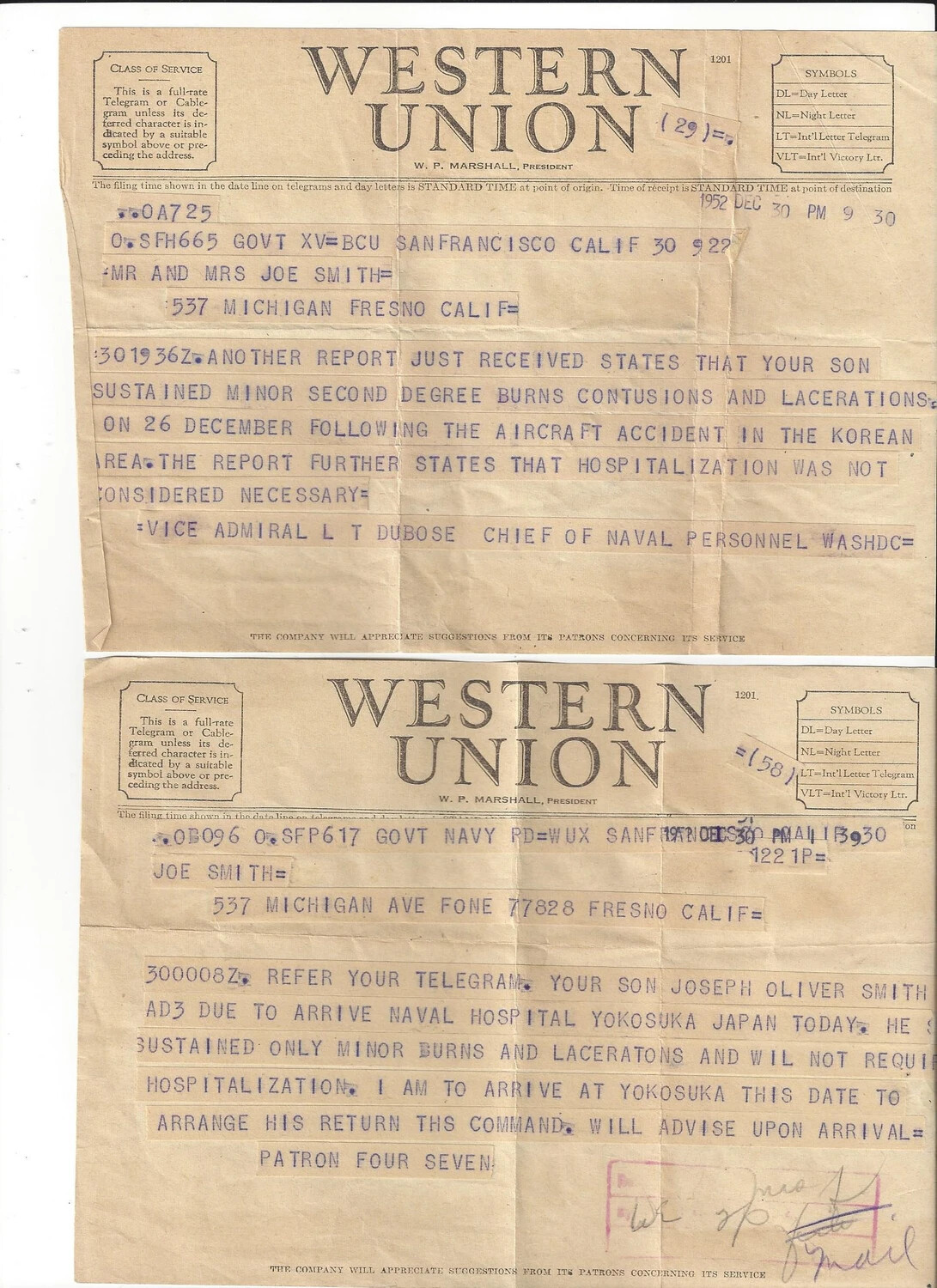 Western Union Telegrams to Family of Injured Sailor Joseph Oliver Smith, AD3, December 30, 1952
