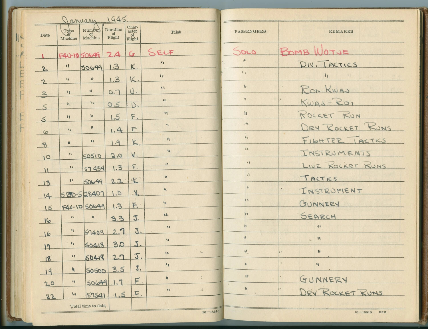 Handwritten Aviator Flight Log Book, January 1945 - F4U-1D Corsair Operations Against Wotje Atoll, Marshall Islands