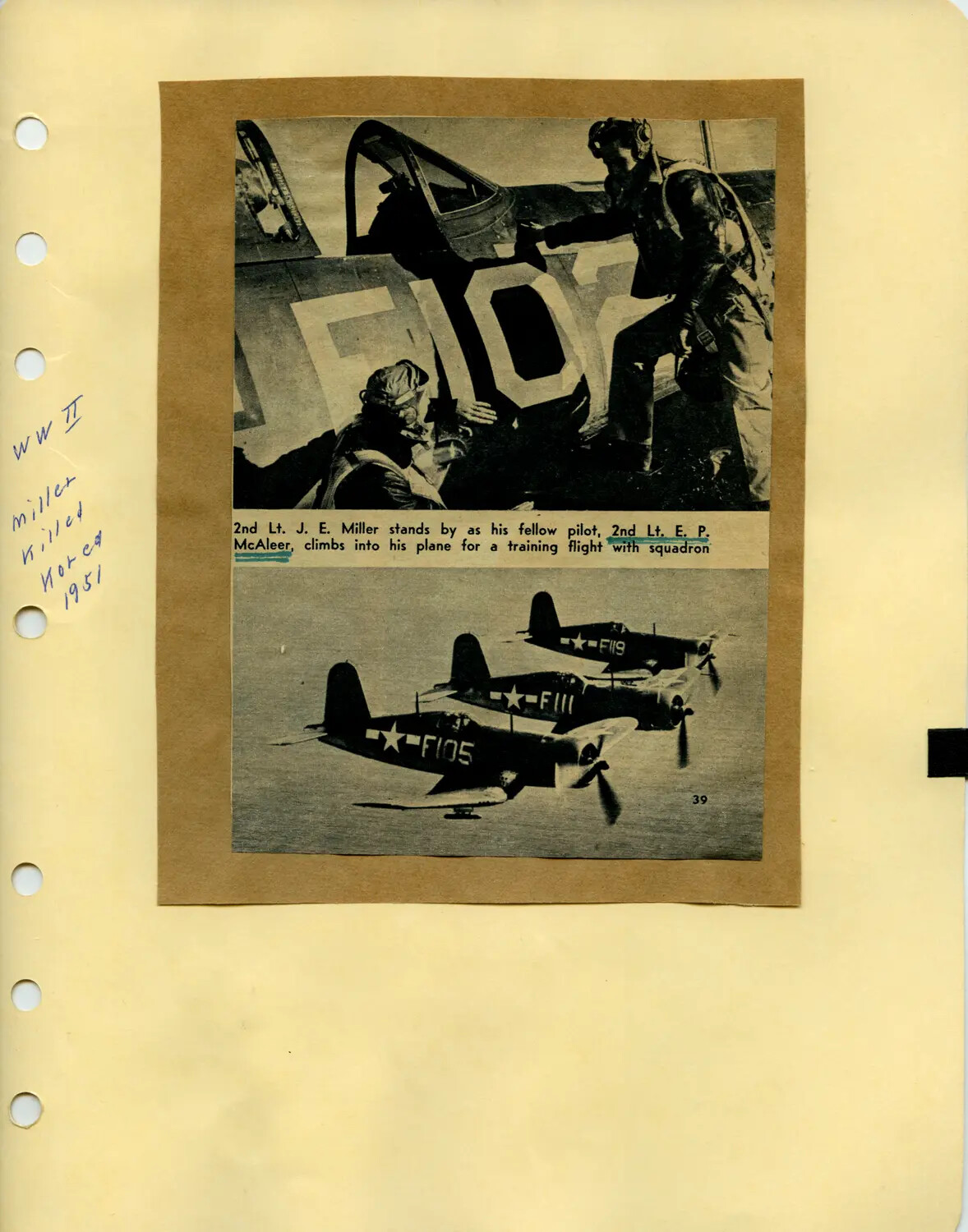 Scrapbook Clipping: 2nd Lt. E. P. McAleer and 2nd Lt. J. E. Miller with F4U Corsair Squadron