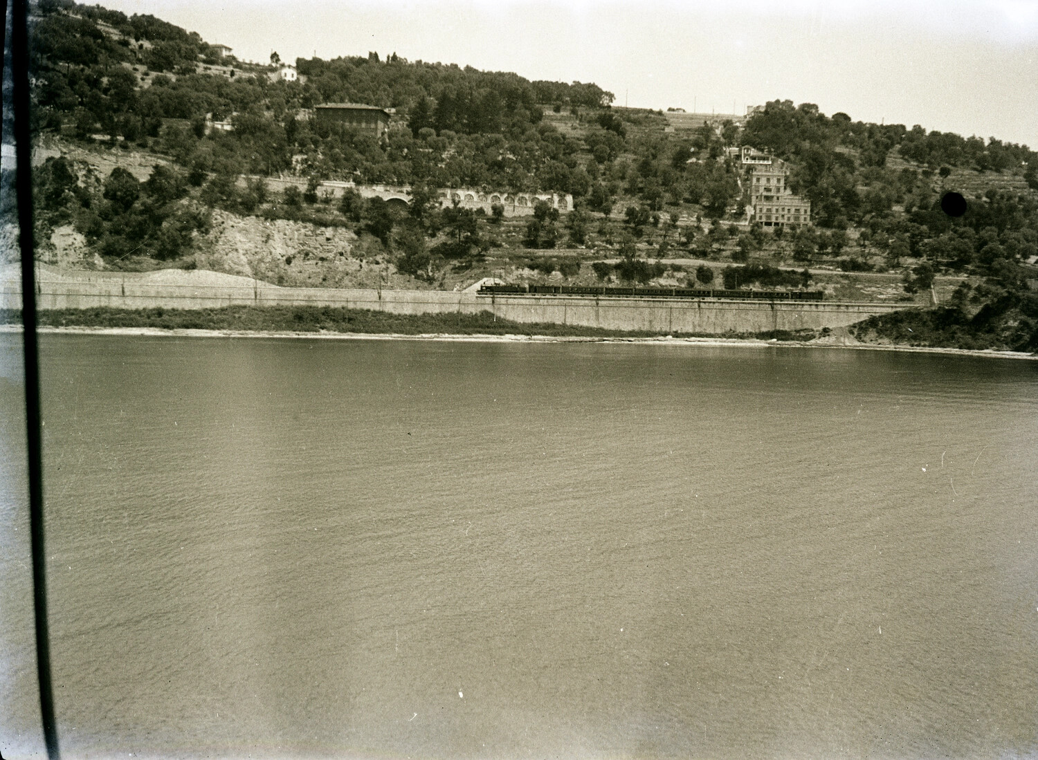 Scenic Waterfront View with Hillside Villas and Passenger Train, Pre-WWII US Navy Negative, 1930s China and Pacific Collection