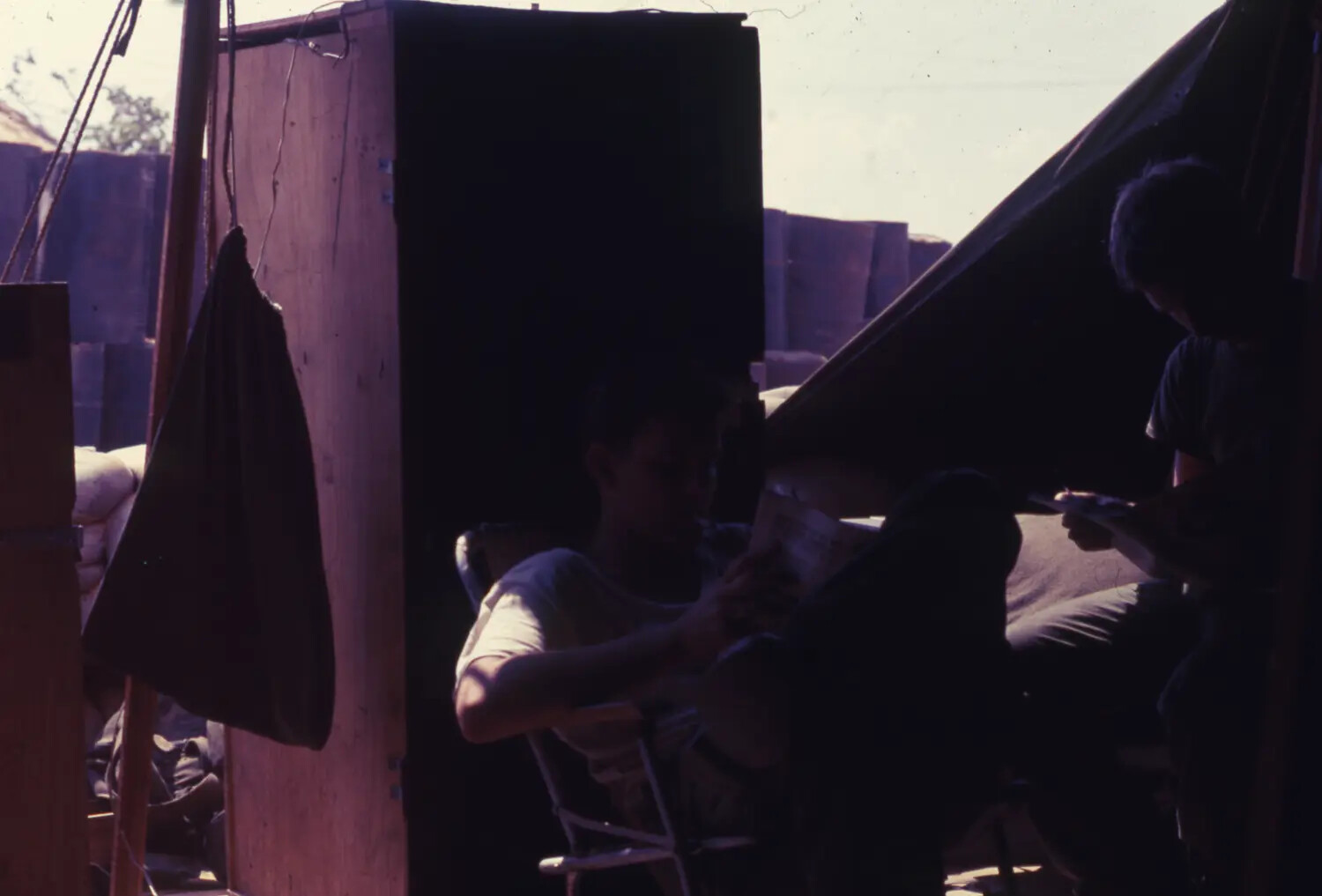Off-Duty Moment at a Sandbagged Base Camp — Vietnam War Era