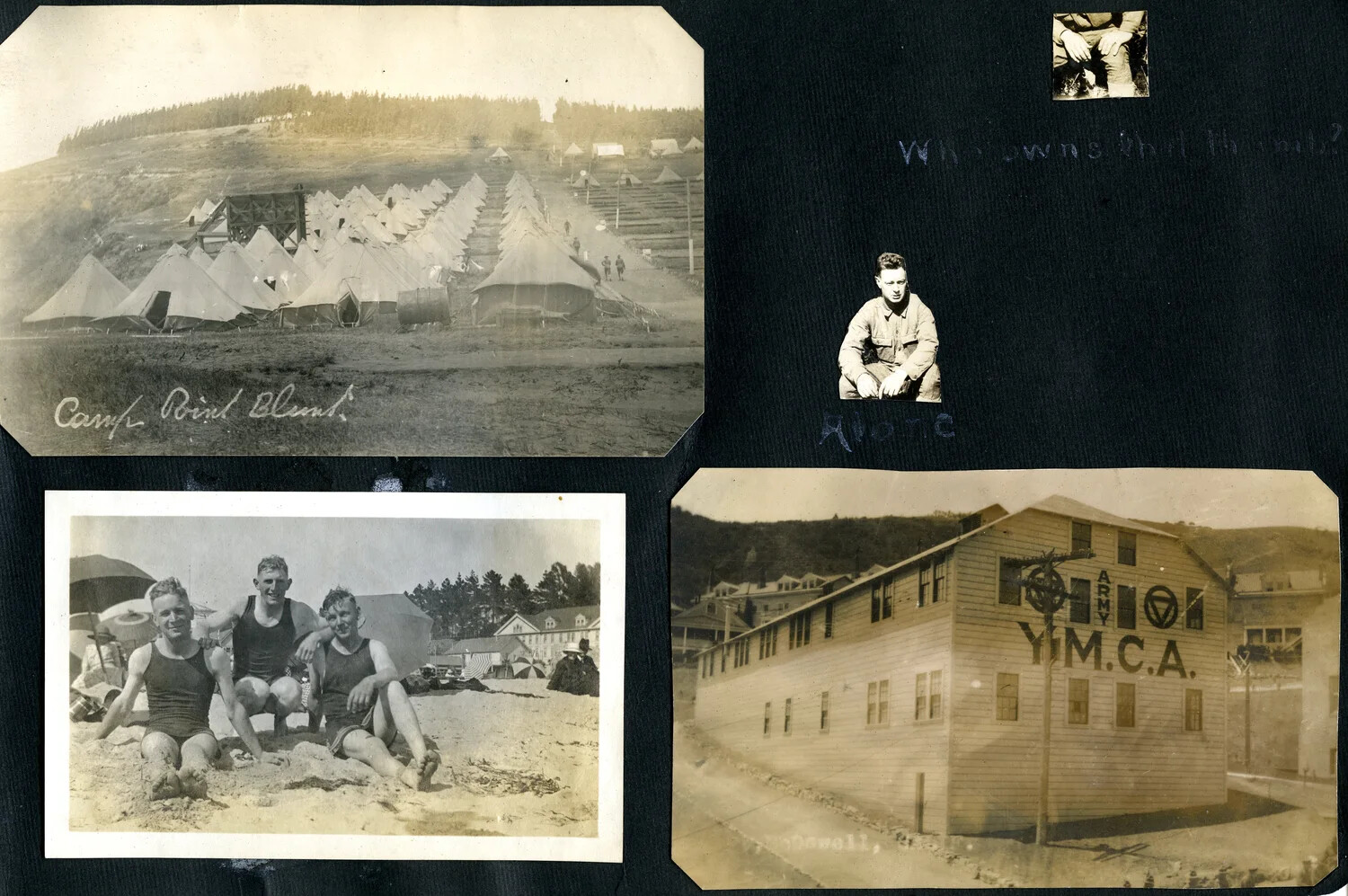 WWI-Era Scrapbook Page: Army Tent Camp, YMCA Building, and Beach Liberty Snapshots