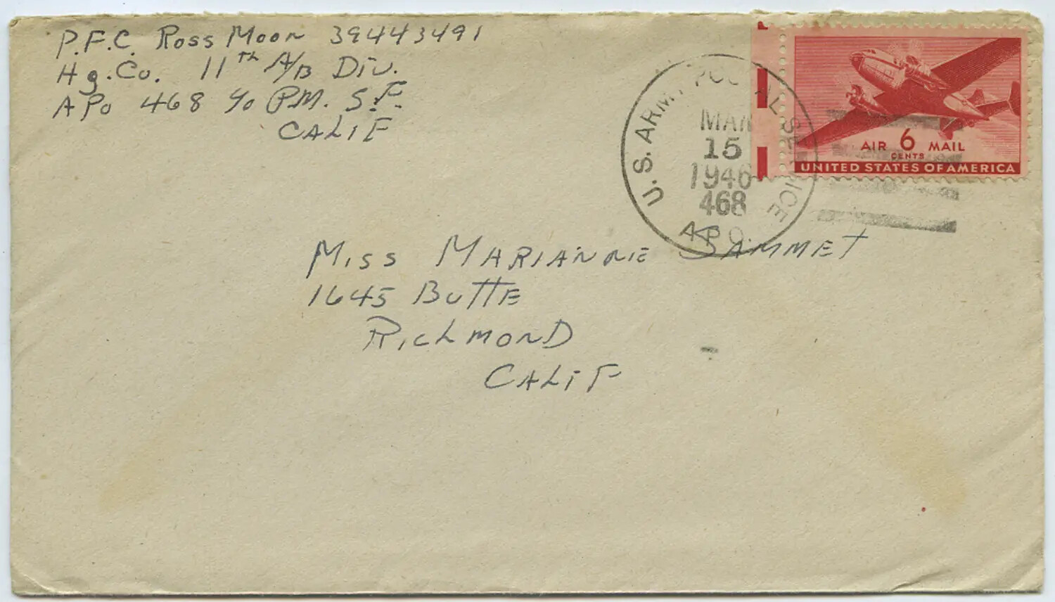 WWII-Era Military Mail Envelope, P.F.C. Ross Moon, 11th Airborne Division to Miss Marianne Sammet