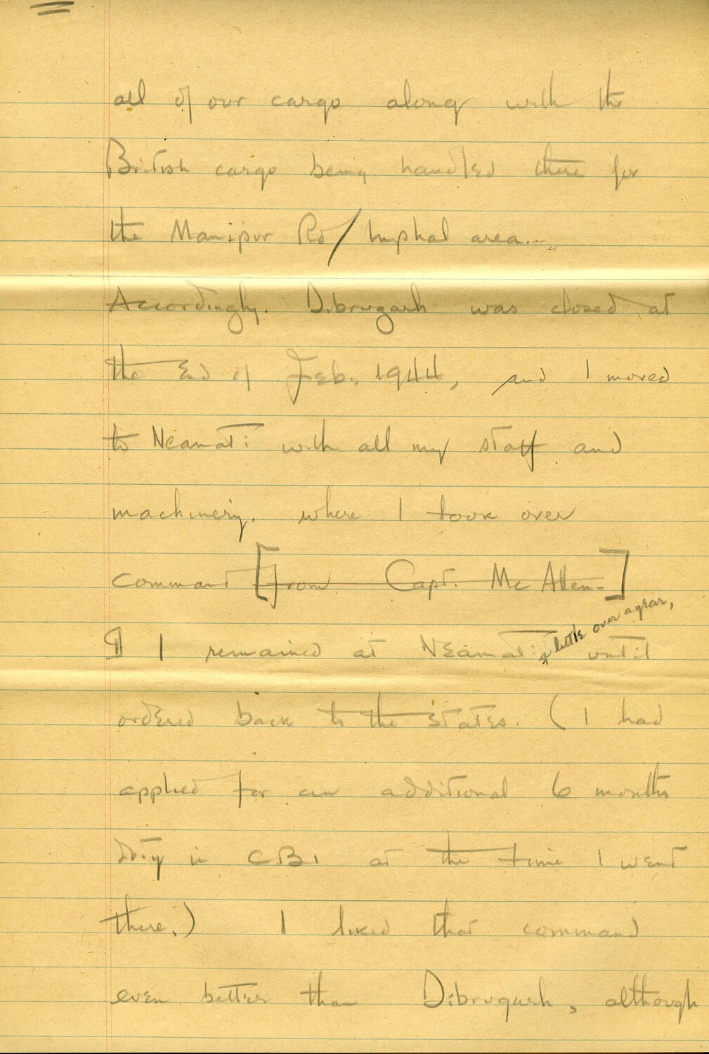 Handwritten Wartime Memoir Page: CBI Theater Supply Operations at Dibrugarh and Neamati, 1944