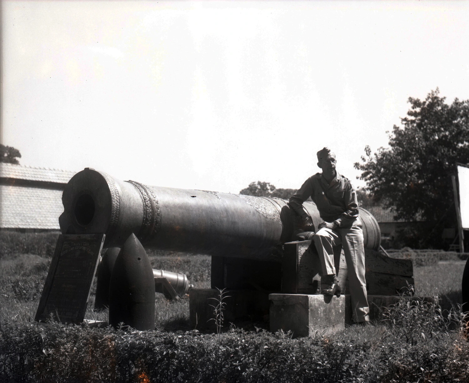 American Serviceman Posing with Historic Trophy Cannon, Burma/India, WWII China-Burma-India Theater