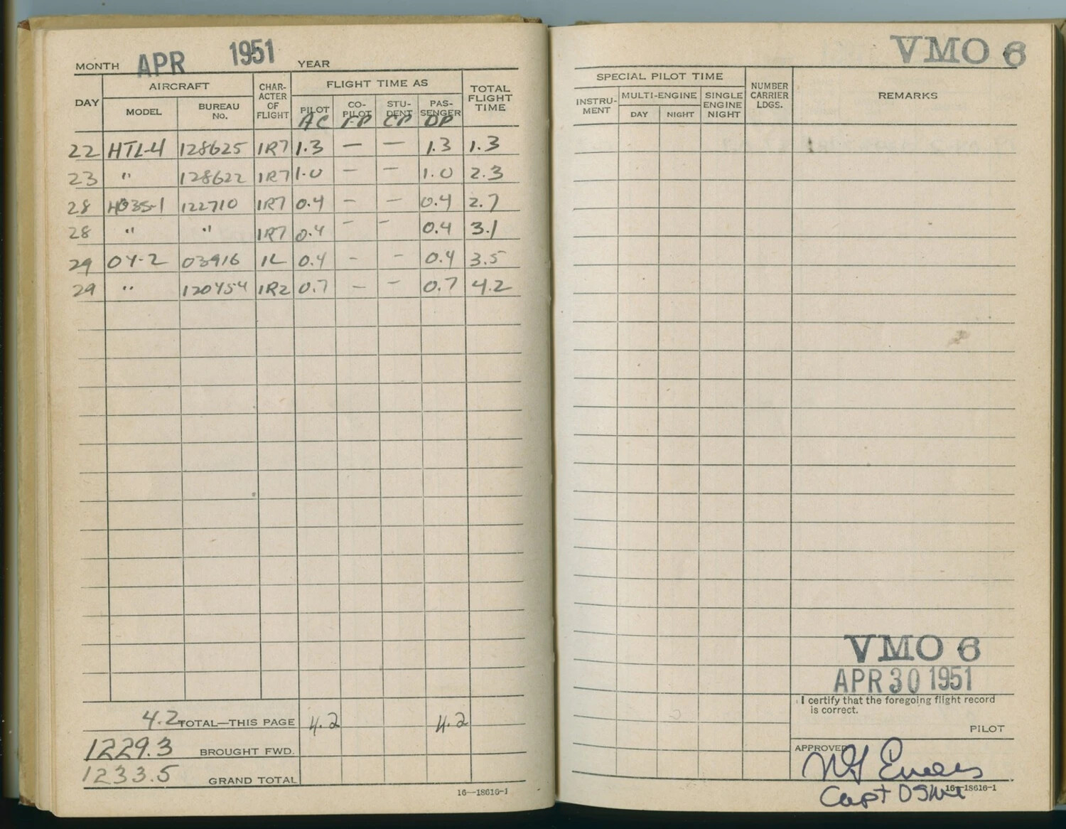 VMO-6 Marine Aviator's Flight Logbook Page, April 1951, Korean War
