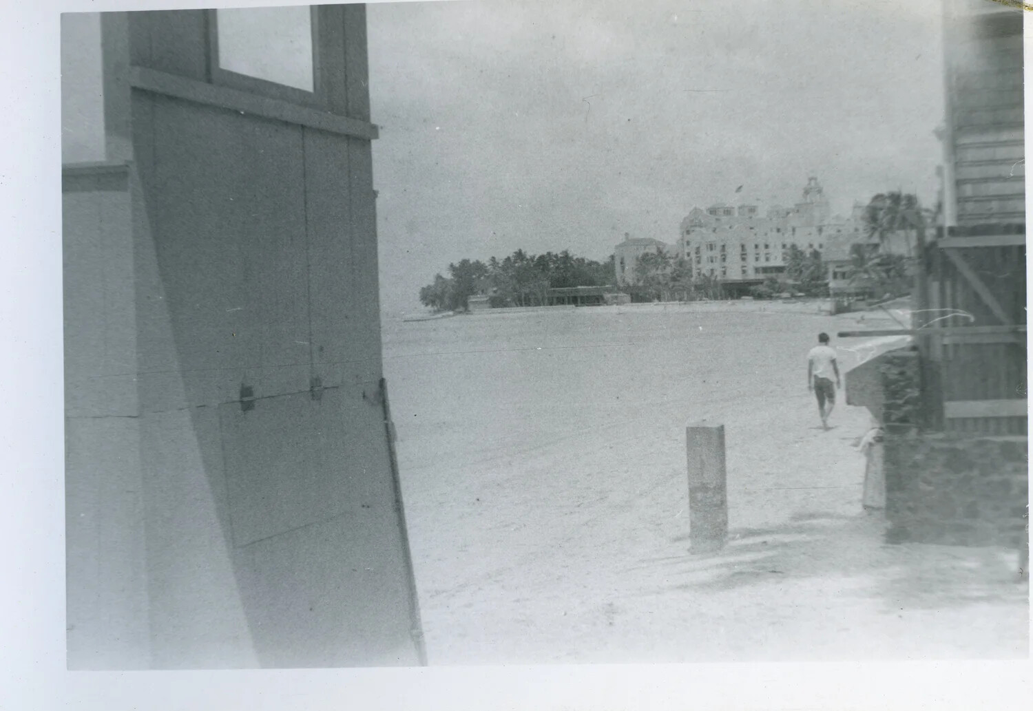 View of the Royal Hawaiian Hotel from a Beachfront Cabana, Waikiki Beach, Oahu