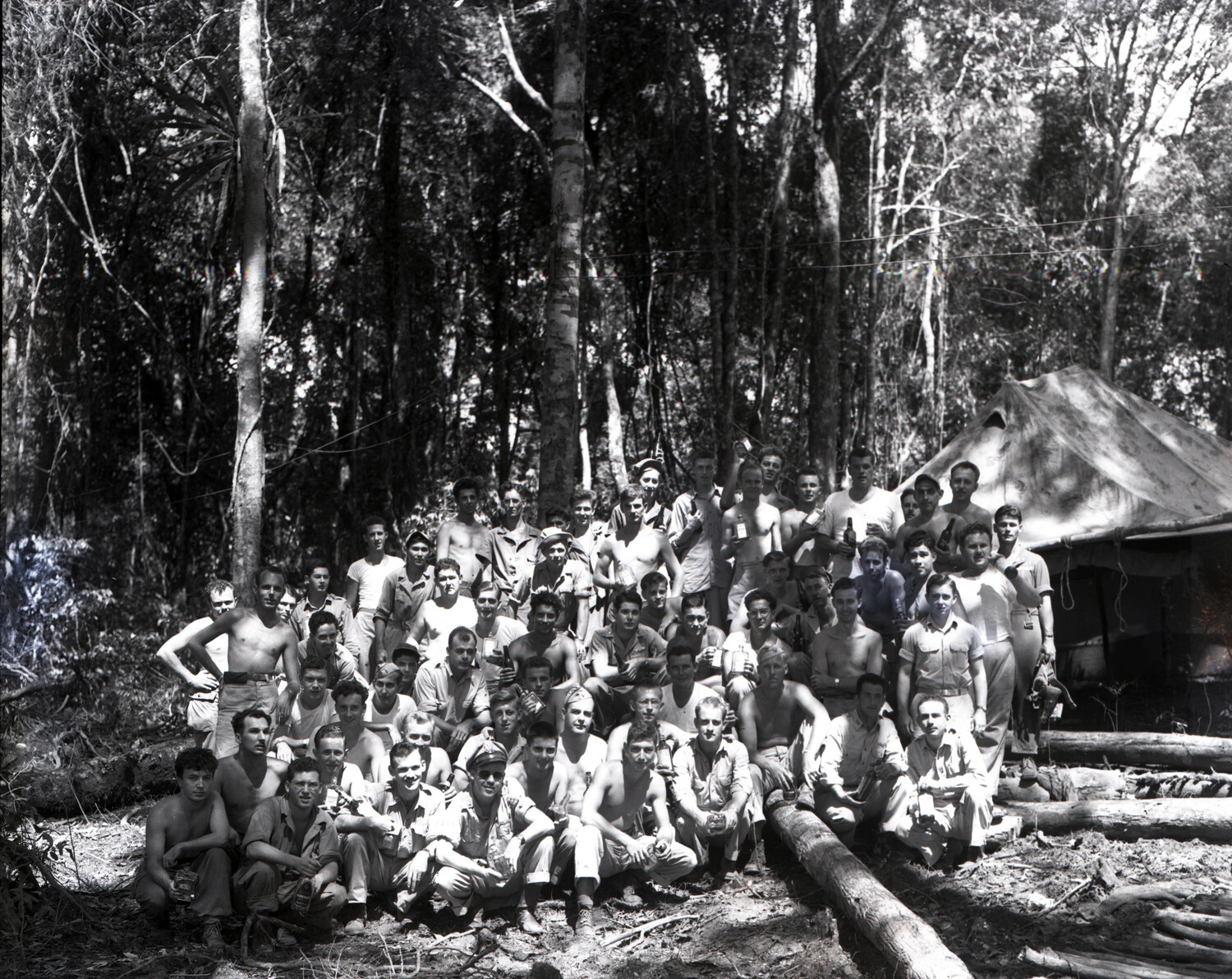 Squadron Group Photo in Jungle Camp, China-Burma-India Theater, WWII Kotec Collection