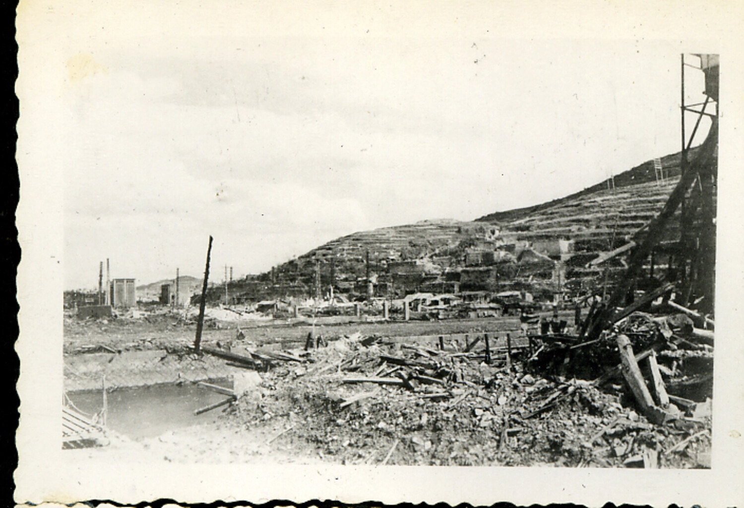 Destroyed Industrial Complex on Terraced Hillside, Hiroshima Area, Japan, Post-Atomic Bomb, 1945